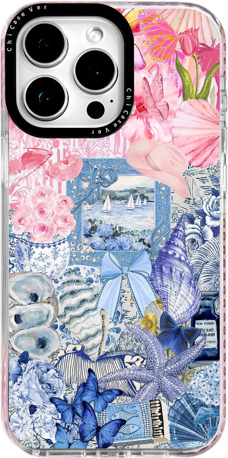 for iPhone 12 mini Case, Coastal Vintage Collage Pattern with Flowers & Shells, Military-Grade Drop Protection, Cute Soft Slim TPU Protective Cover with Camera Protection for Women & Girls