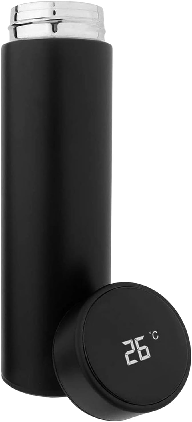 Shielded Canteen Stemless Glass Thermos, Large 500 ml, 17 oz, Stylish Slim Design, 304 Stainless Steel, Vacuum Cleaner Sealing Cover, LED Temperature Level Display. Maintains Coffee, Tea, Juice Hot or Cold Throughout The Day – Black