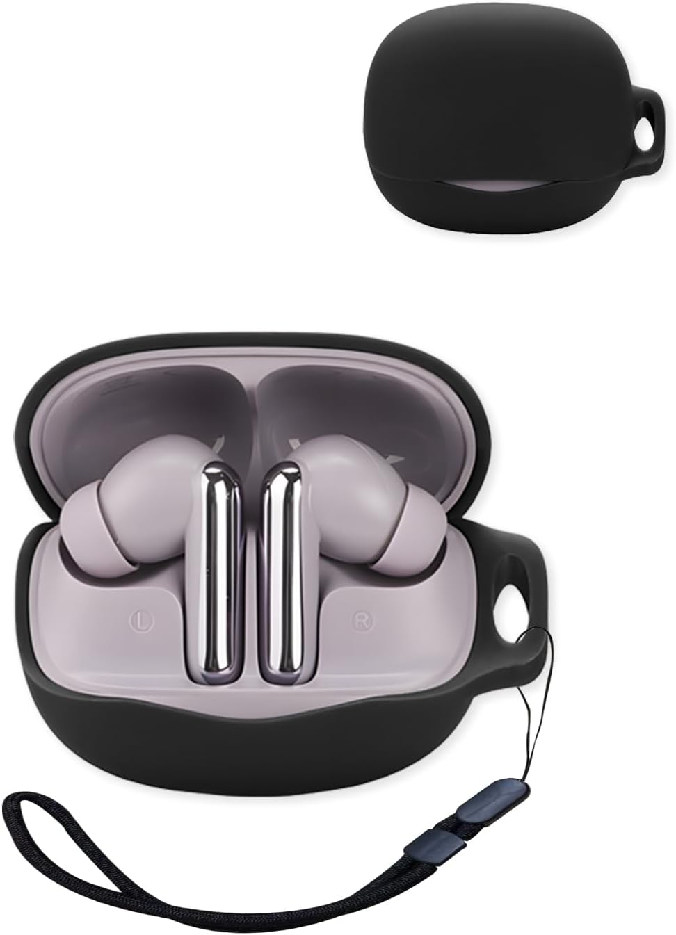 Compatible with QCY MeloBuds N50 True Wireless Noise Cancelling Earphones,Premium Silicone Shockproof Protection Skin Touch Charging Port Accessible, Front LED Visible with Lanyard,Black.