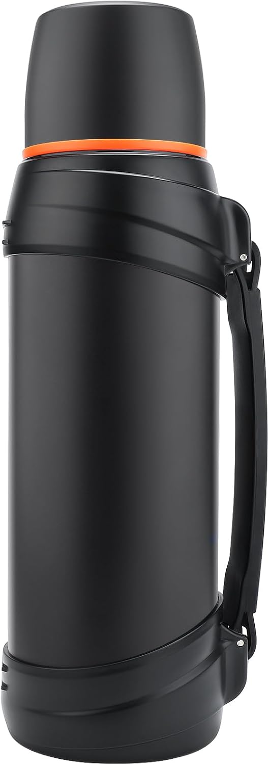 Huge Thermosflask- 85 oz Stainless-steel Insulated Container for Travel with BPA Free Cup – 2 5 L Oversized Vacuum Cleaner Protected Thermoses with Handle and Strap for Hot & Cold Drinks(Black)
