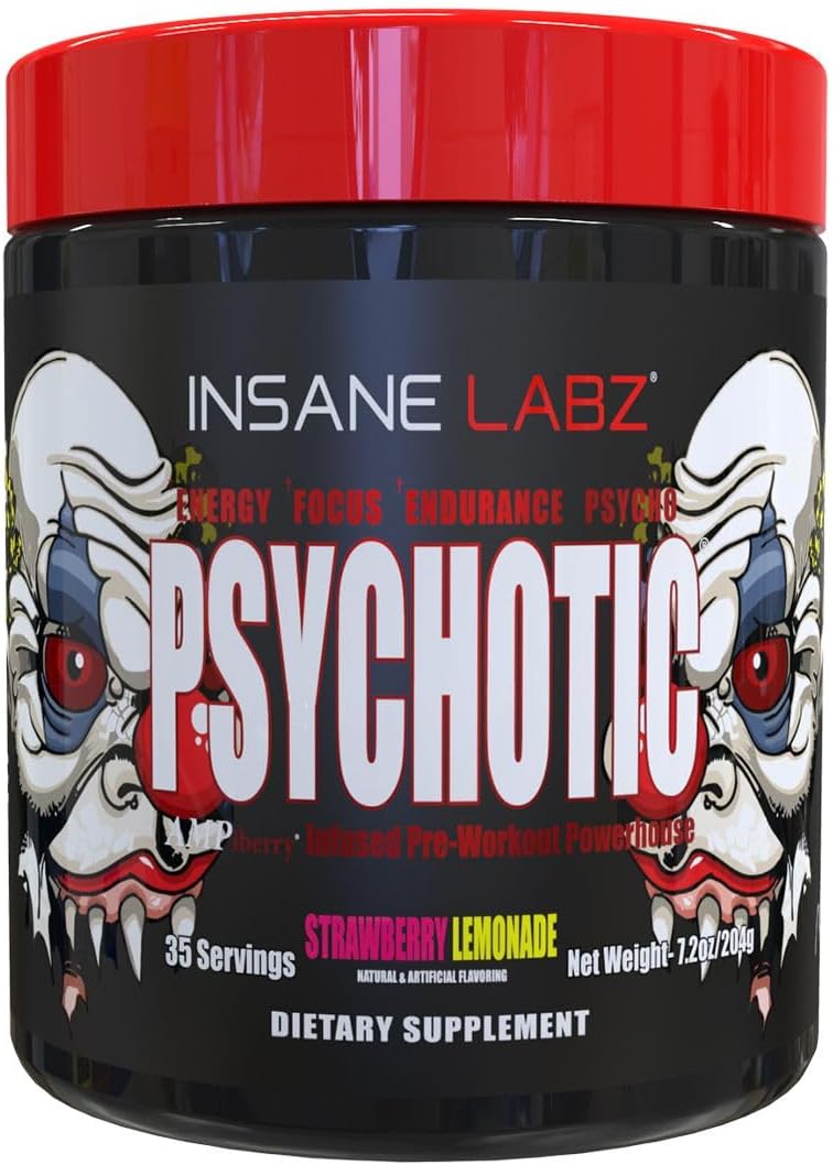 Crazy Labz Psychotic, High Stimulant Pre Exercise Powder, Extreme Lasting Power, Emphasis and Endurance with Beta Alanine, Creatine Monohydrate, DMAE, 35 Srvgs (Strawberry Lemonade)