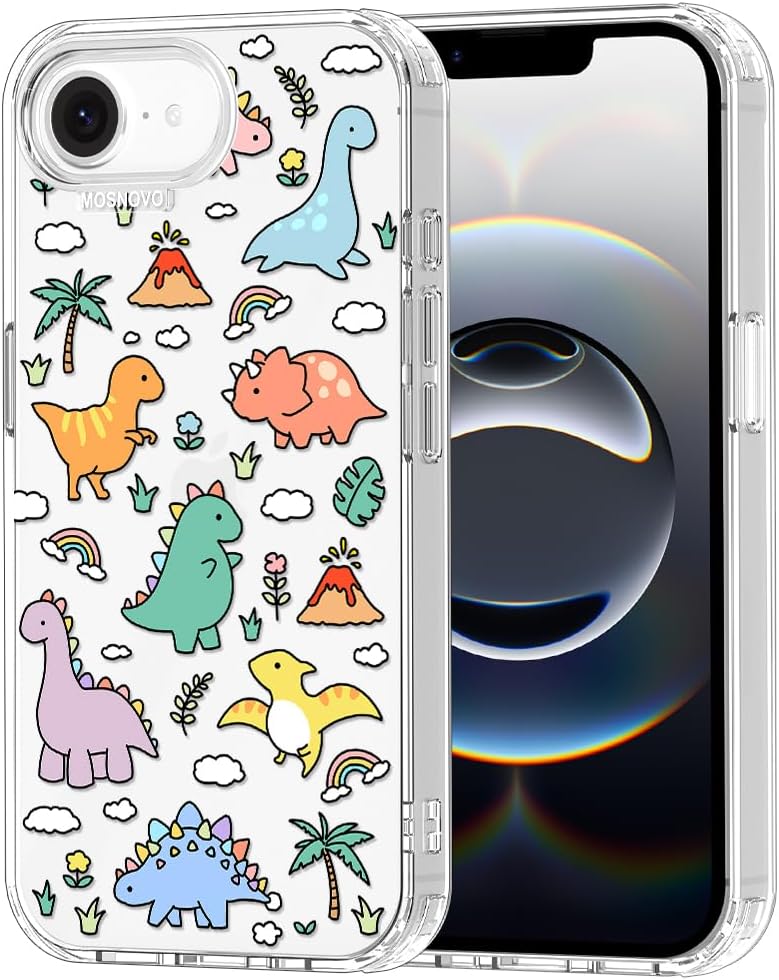 MOSNOVO Case for iPhone 16e, [Buffertech 6.6ft Military-Grade Drop Protection] [Anti Peel Off Tech] Clear TPU Bumper Phone Case Cover Design – Dinosaur Land