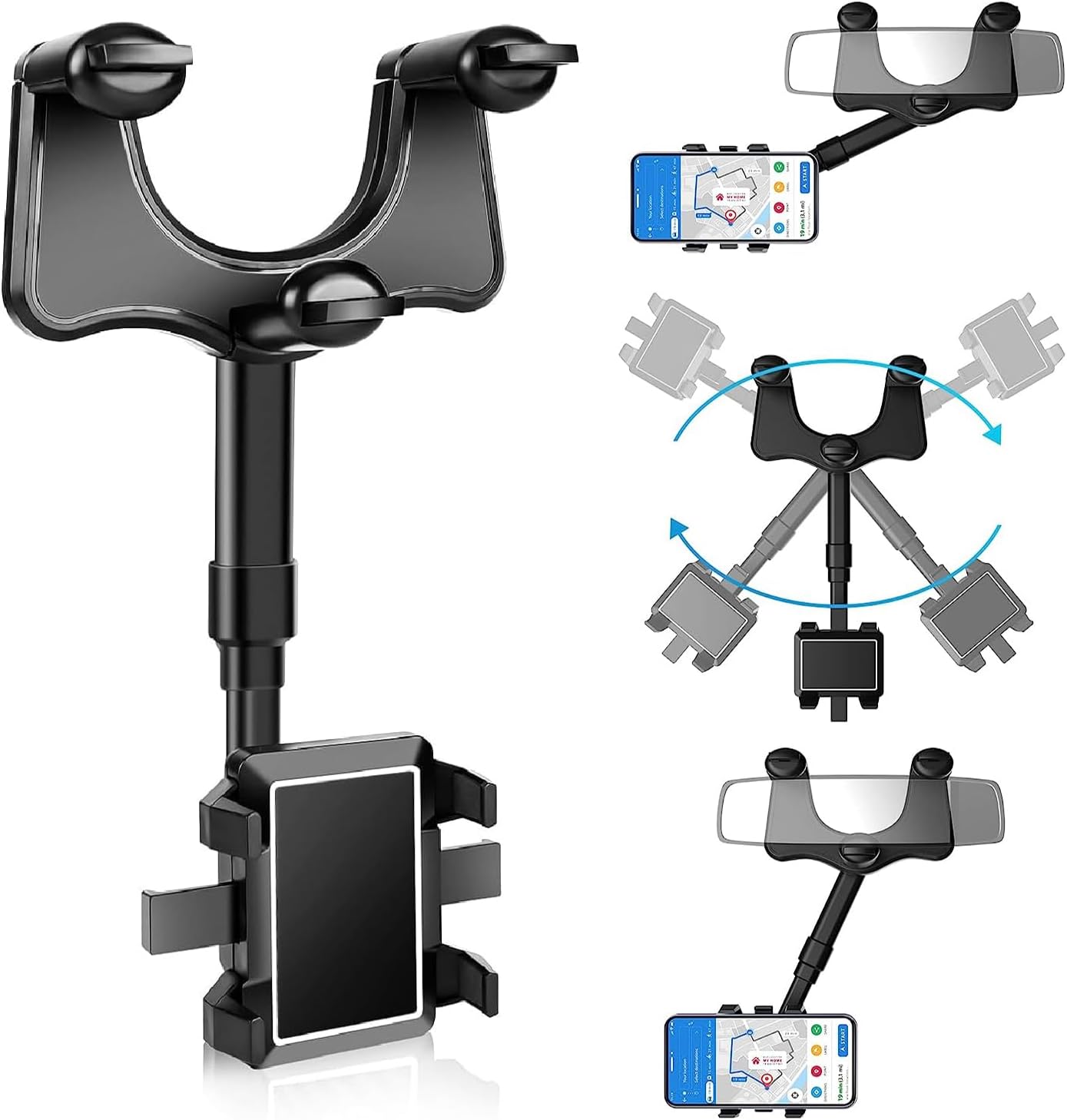 Rear View Mirror Phone Holder, 2024 Rotatable and Retractable, Universal Mount, Cell Car Fit for iPhone 11 12 13 15 Pro Max Samsung All Phone…