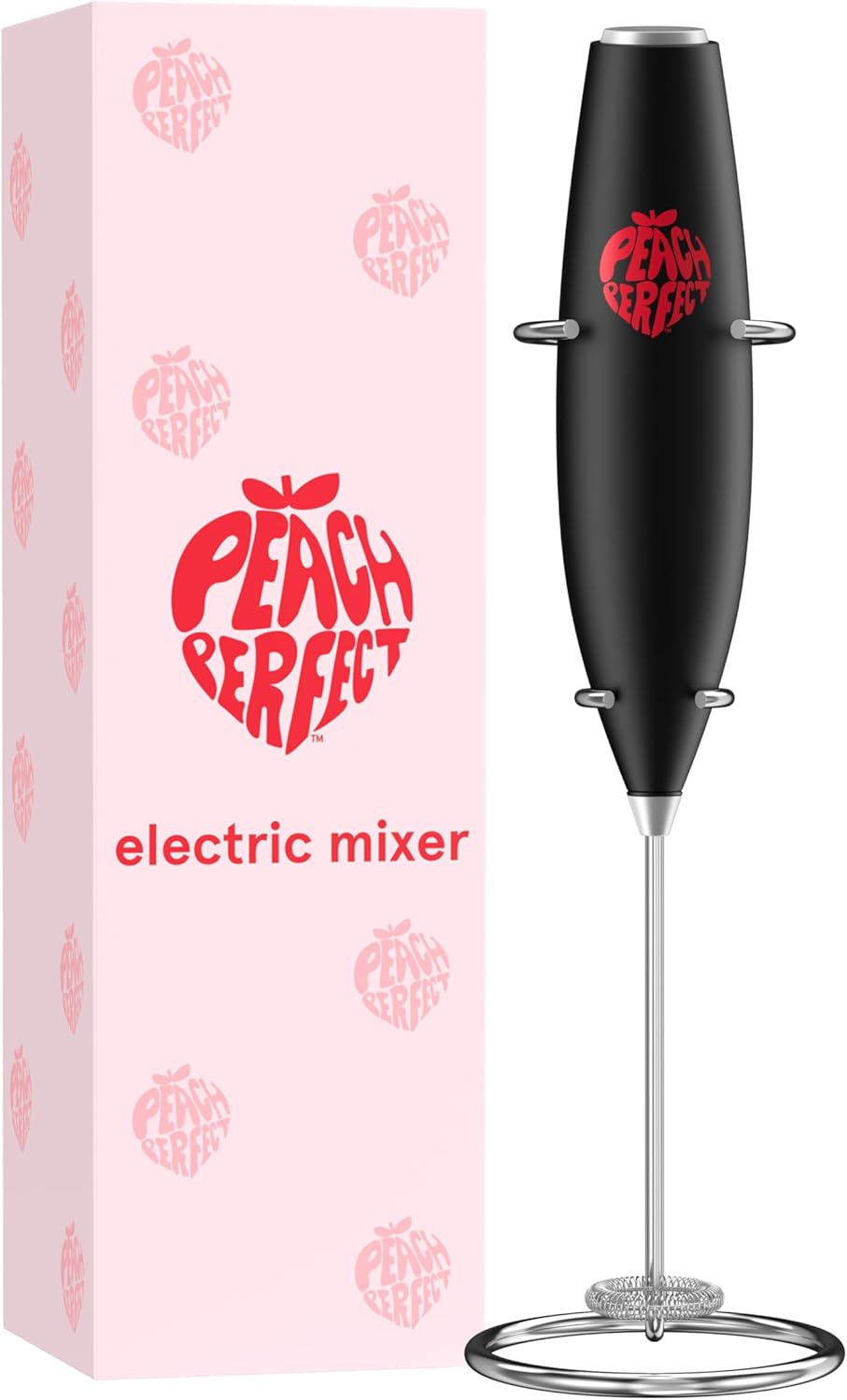 Peach Perfect Milk Frother Handheld, Electric Drink Mixer for Coffee, Lattes, Powdered Supplements, Battery Operated (AA) Stainless Steel Frother Wand, 300W, Easy On/Off Switch, Stand Included, Black