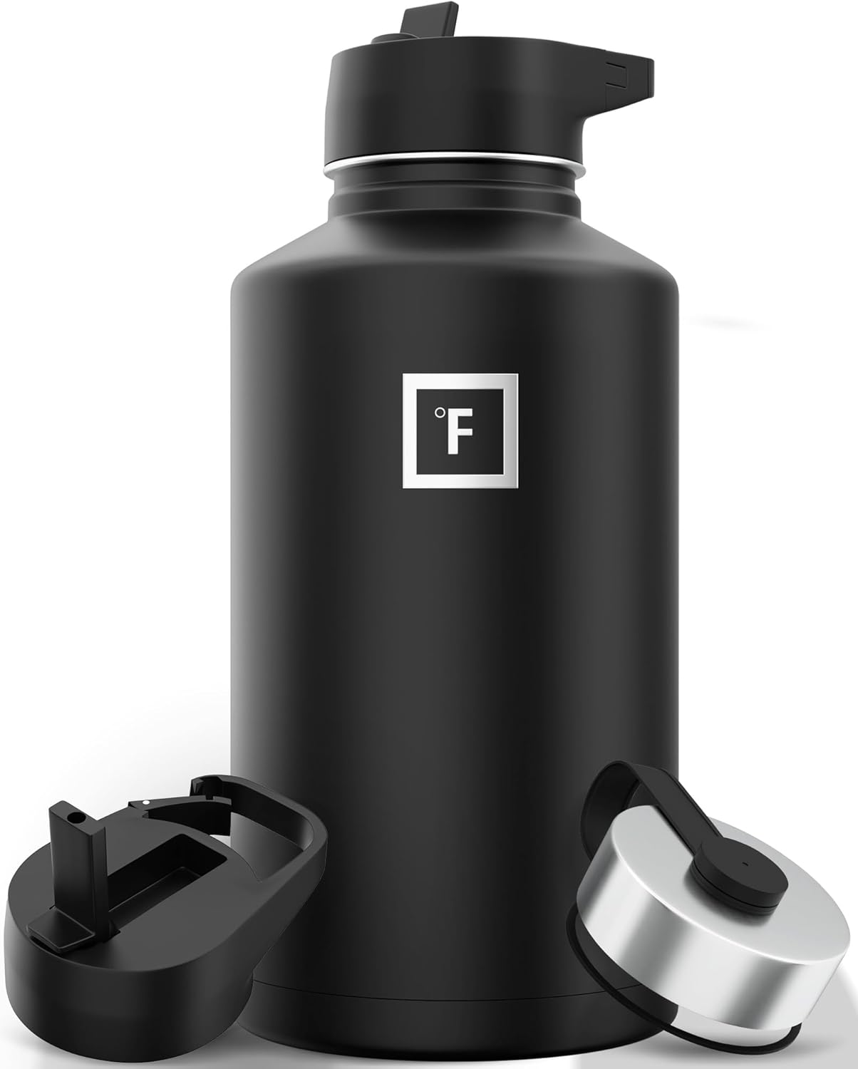 IRON °FLASK Camping & Hiking Hydration Flask with 3 Lids – Stainless Steel, Double Walled & Vacuum Insulated Water Bottle – Leak Proof & BPA Free (Midnight Black, Straw – 64 oz)