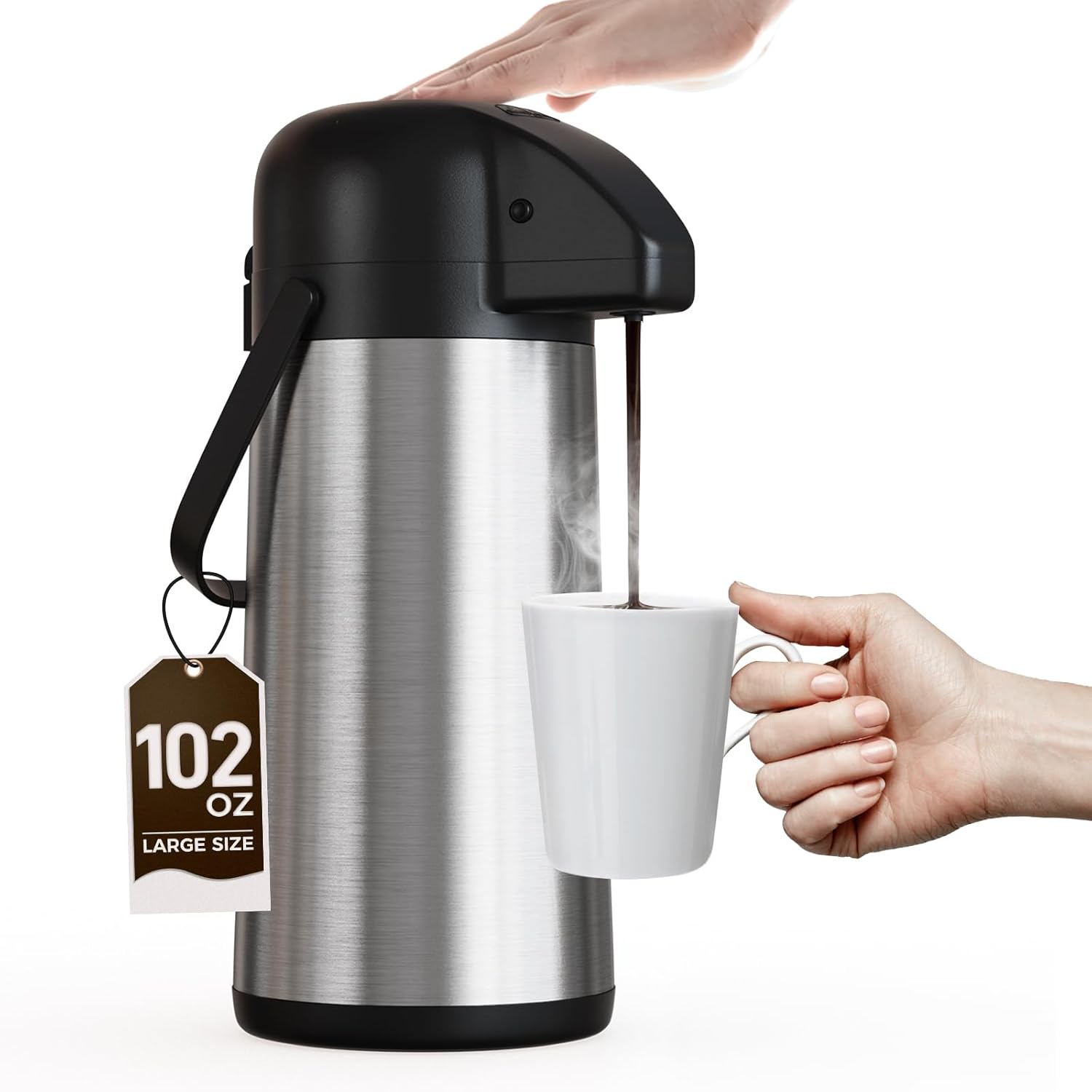 Airpot Coffee Pitcher for Keeping Hot – 102 OZ/ 3 L Big Coffee Dispenser with Pump – Insulated Stainless Steel Thermos for Hot Drinks Water Tea Delicious Chocolate – Thermal Urn Drink Dispenser for Parties