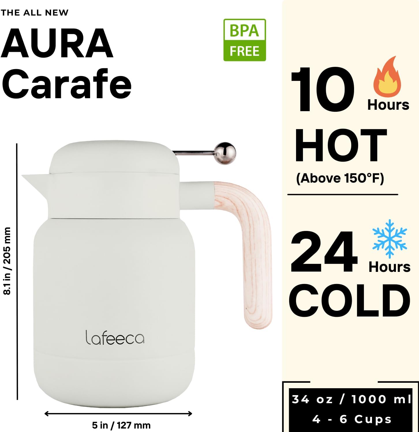 Aura Thermal Coffee Pitcher Tea Pot for Keeping Hot & Iced Cold – Vacuum Cleaner Insulated – Thermos Water Bottle – Beverage Dispenser – Cool Touch Take Care Of & Cover – BPA Free – 1 Liter – Dune