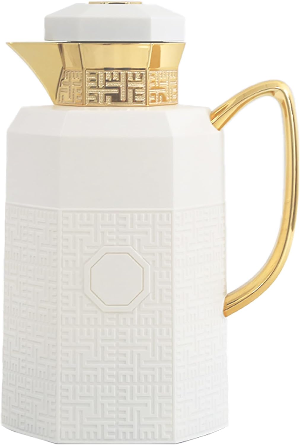 Common Protected Coffee Carafe, 34 oz, Luxury Coffee Pot, Arabian Design Vacuum Thermal Carafe Insulated Flask for Coffee Hot Cold Drink Tea, Relocating and Housewarming Gift,White-Gold, OVP- 1000 -WG