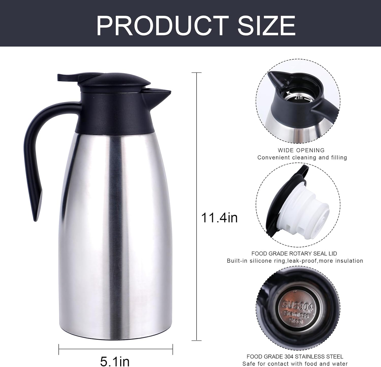 71 Oz Thermal Coffee Pitcher Insulated Jug Stainless-steel Dual Walled Vacuum Cleaner Flask For Maintaining Hot Coffee Water, Tea, Hot Beverage Keep 12 Hours Hot, 24 Hours Cold