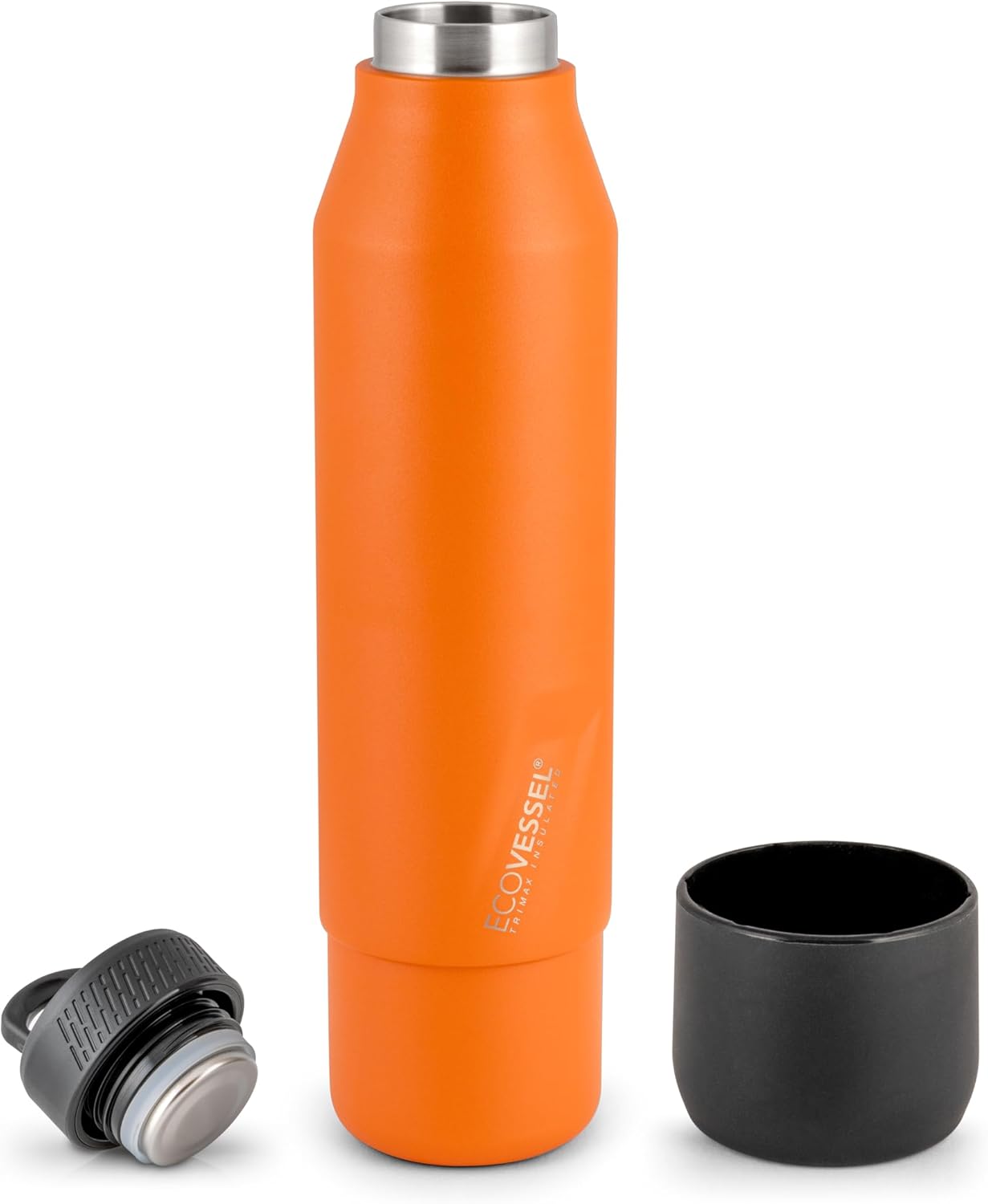 EcoVessel Stainless Steel Bottle with Removable Cup, Vacuum Cleaner Insulated Thermos for Hot and Cold Drinks, with Folding Handle for Traveling and Camping, 25 oz (Orange)