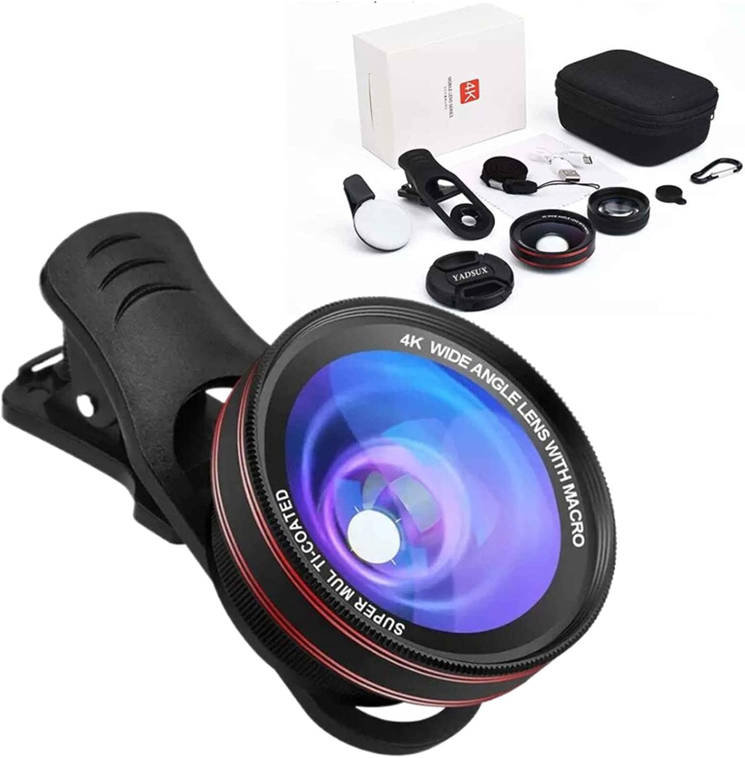 4K HD 0.45X Wide Angle Lens + 15X Macro Lens for iPhone Samsung – with Mini Selfie Ring Light, Quick Clip, Release Strap, Cleaning Cloth & Travel Case – Universal Phone Camera Lens Kit for Photography