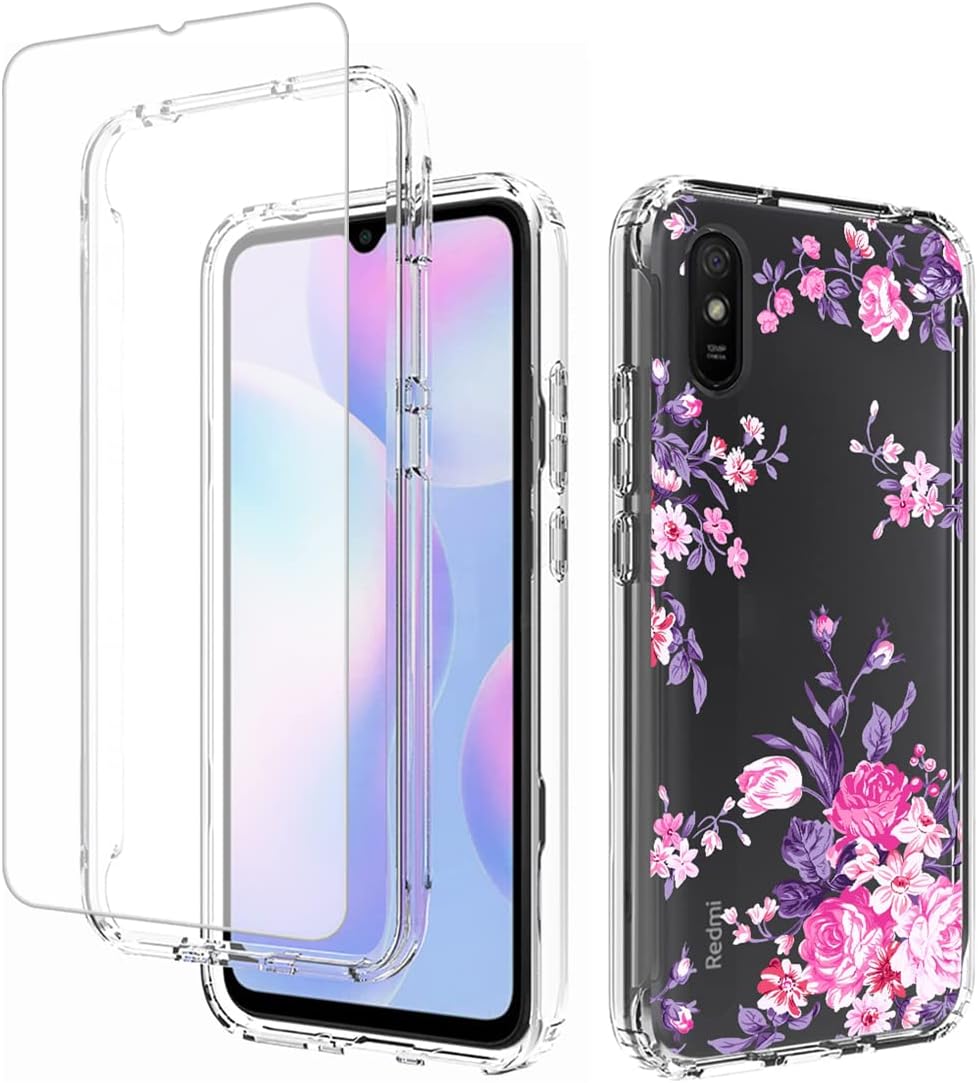 Case for Redmi 9A M2006C3LG/Redmi 9i M2006C3LII with Tempered Glass Screen Protector, Floral Design Shockproof Bumper Full Body Protective Cell Phone Cover for Xiaomi Redmi 9A (Rose)