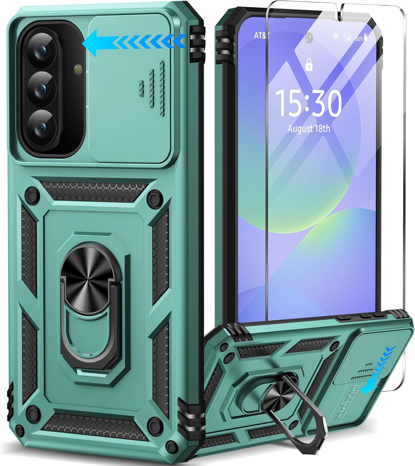 Taisairu for Samsung Galaxy A36 Case with Screen Protector & Slide Camera Lens Cover, Built-in 360°Rotate Ring Stand Shockproof Protective Case for Samsung A36 5G/Samsung A56 5G Case (Green)