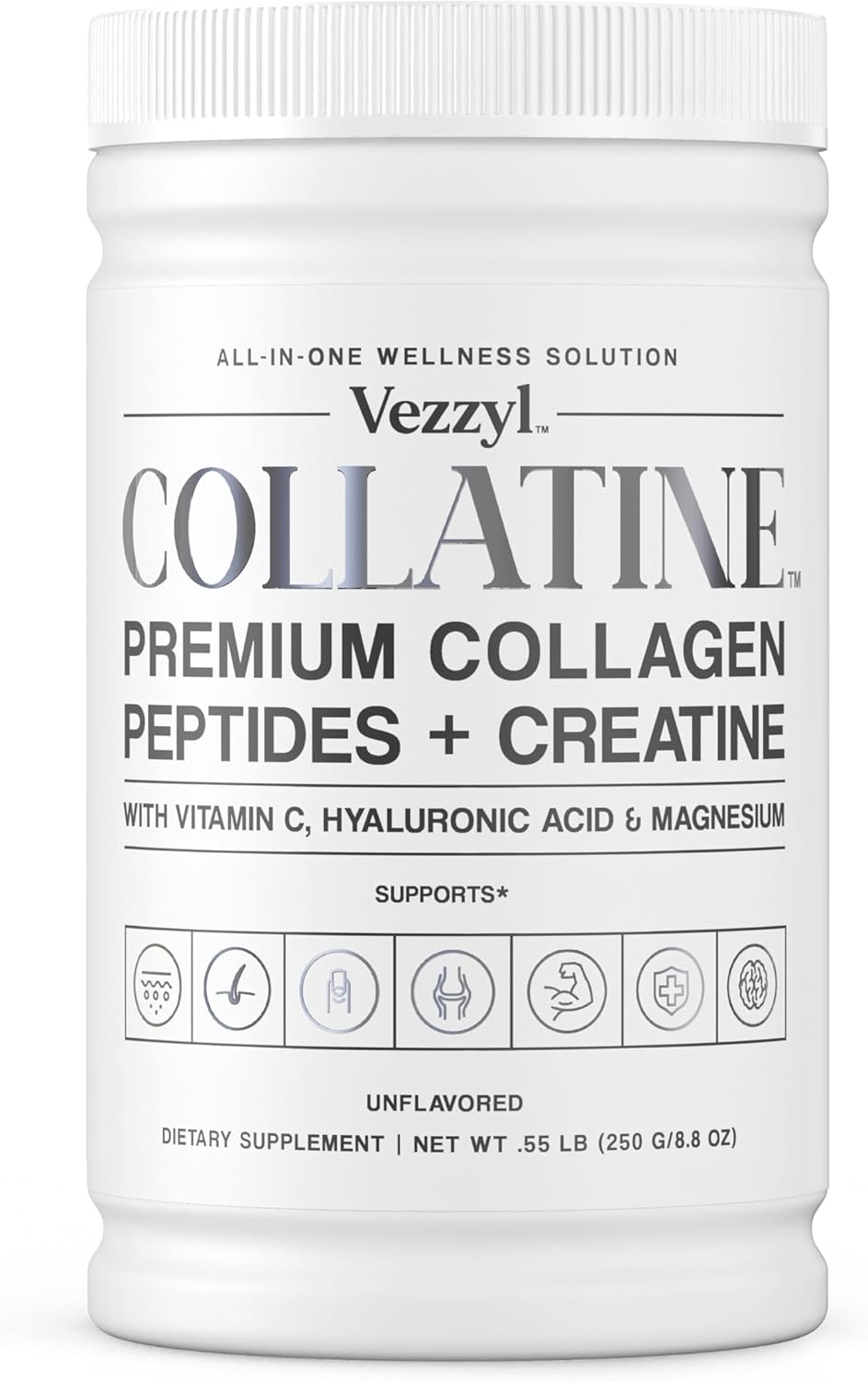 Collatine – Premium Collagen Peptides + Creatine with Vitamin C, Hyaluronic Acid and Magnesium for Skin, Hair, Nails, Bone & Joint, Muscle, Immune and Cognitive Aid (. 55 LB (250 G/ 8 8 OZ)