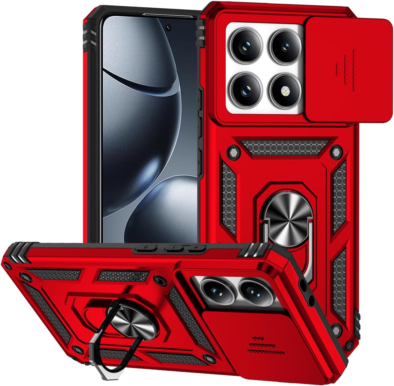 Case for Xiaomi 14T Pro Case with Slide Camera Cover, Built-in 360° Rotate Ring Kickstand Magnetic Shockproof Phone Cover for Xiaomi 14T Pro 5G Red