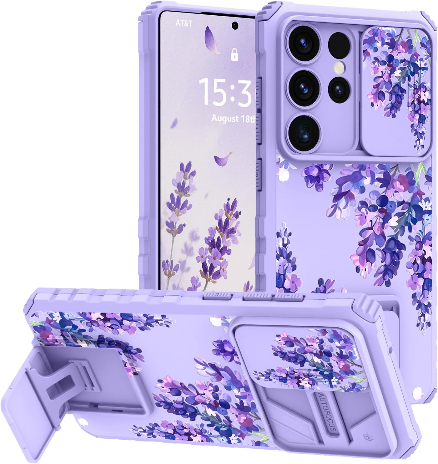 for Samsung Galaxy S 23 Ultra Instance with Slide Electronic Camera Cover+Kickstand, Aesthetic Cute Purple Floral Flower Lavender Design for Women Girls Double Layer Crossbreed Shockproof Protective Phone Case