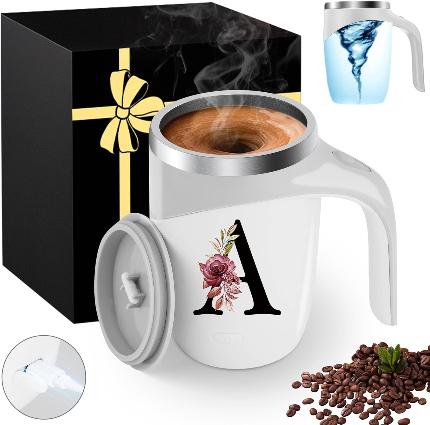 Personalized Initial Magnetic Stirring Coffee Mug with Lid Handle Insulated Stainless Steel Spill Leak Heavy Large Reusable Thermal Tea Cup Camping Big Water Tumbler Automatic Self Electric Mixing,A
