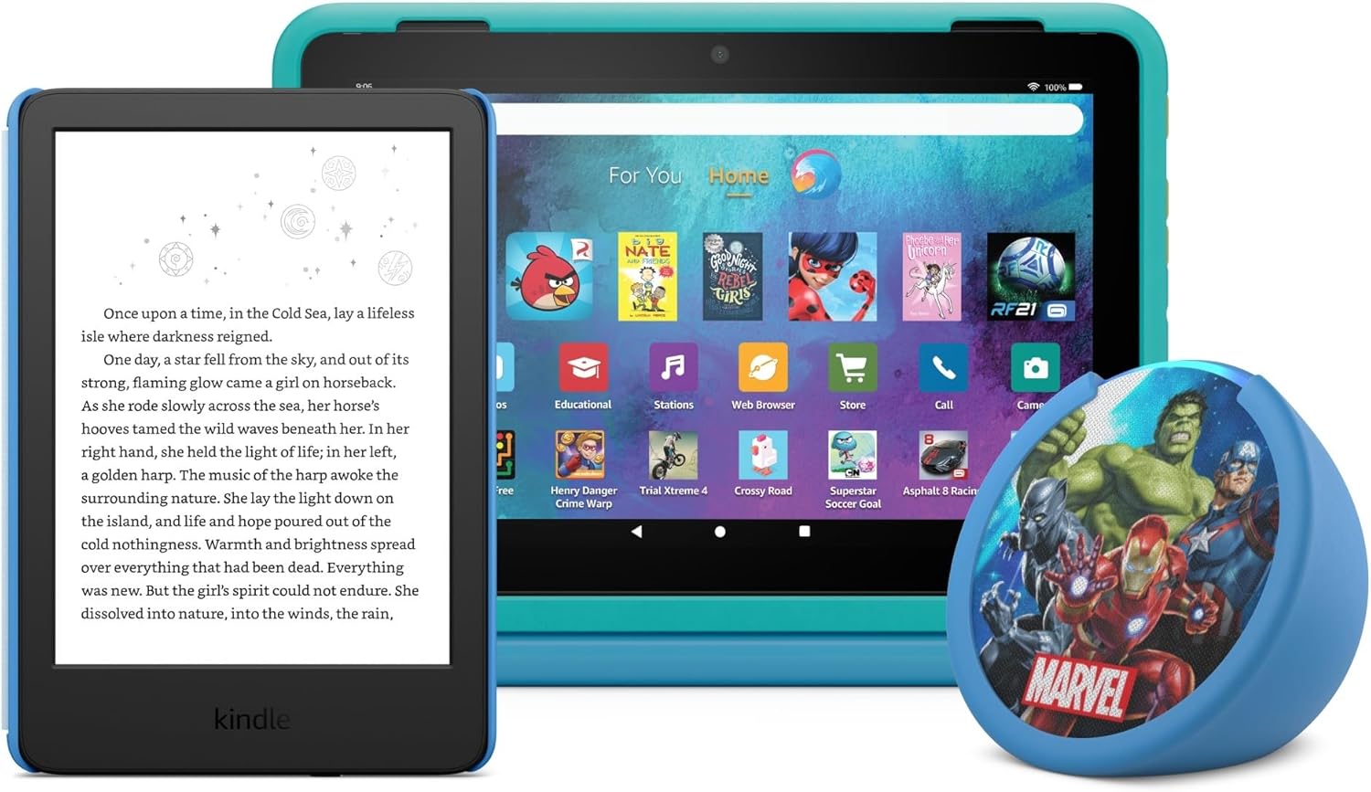 Amazon Kids Device Bundle Including Fire HD 8 Kids Pro Tablet (32GB), Kindle Kids (Space Whale) and Echo Pop Kids (Avengers)