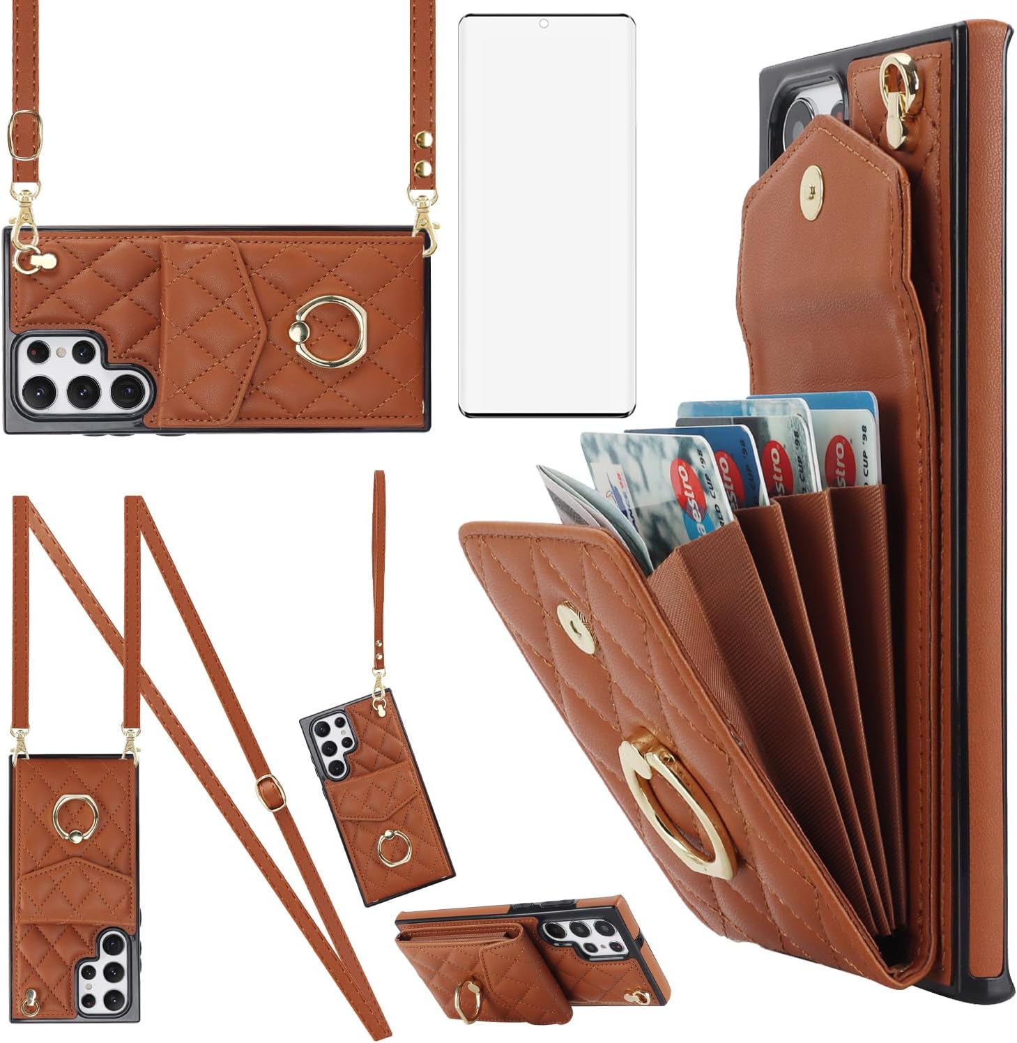 Phone Case for Samsung Galaxy S22 Ultra 5G Wallet Cover with Tempered Glass Screen Protector Wrist Strap Ring Stand RFID Blocking Card Holder Cell S22ultra 22S S 22 S22ultra5g 6.8 Women Girls Brown