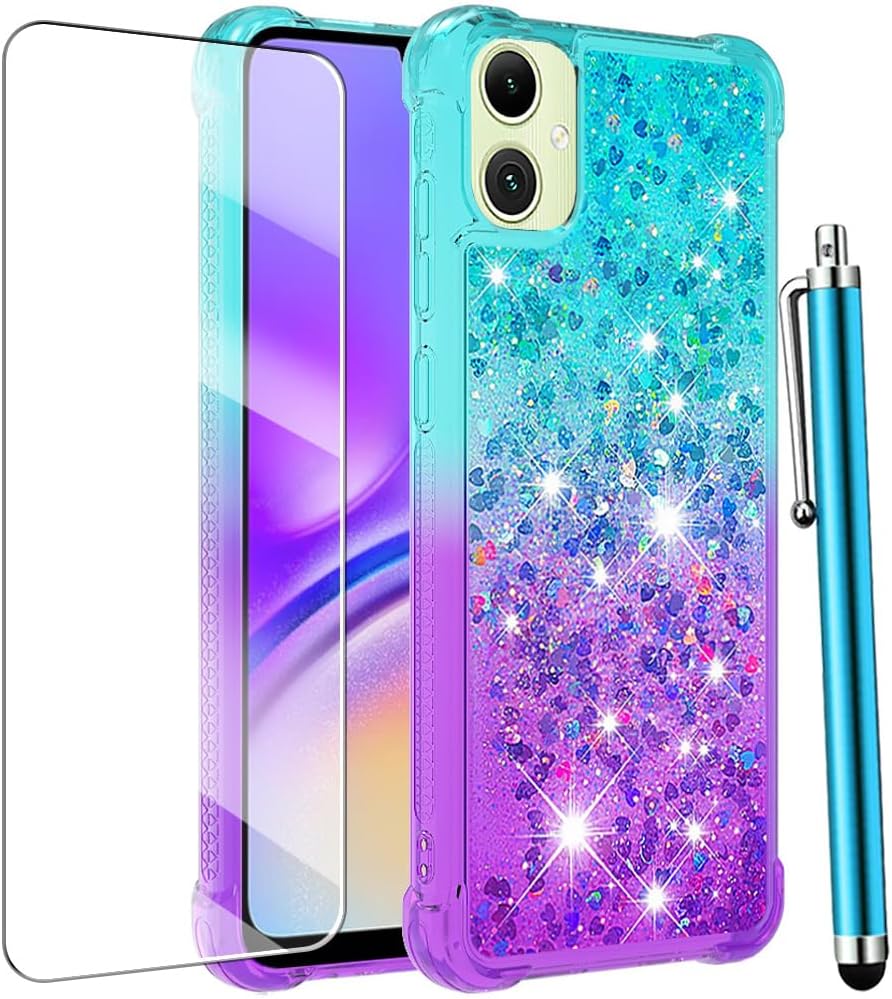 for Samsung Galaxy A06 Case with Screen Protector, Glitter Bling Liquid Floating Cute Women Girls Phone Case Slim TPU Soft Shockproof Protective Cover for Samsung Galaxy A06 -Blue Purple