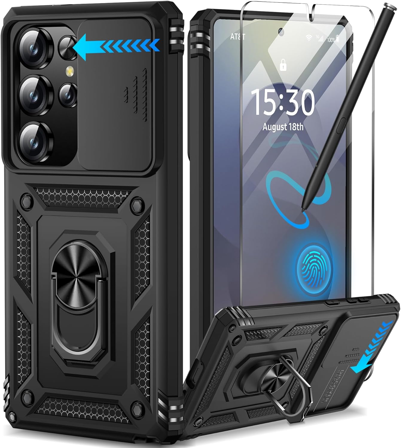 Taisairu for Samsung Galaxy S25 Ultra Case with Screen Protector & Slide Camera Lens Cover, Built-in Magnetic Ring Stand Shockproof Protective Phone Case for Samsung S25 Ultra Case (Black)