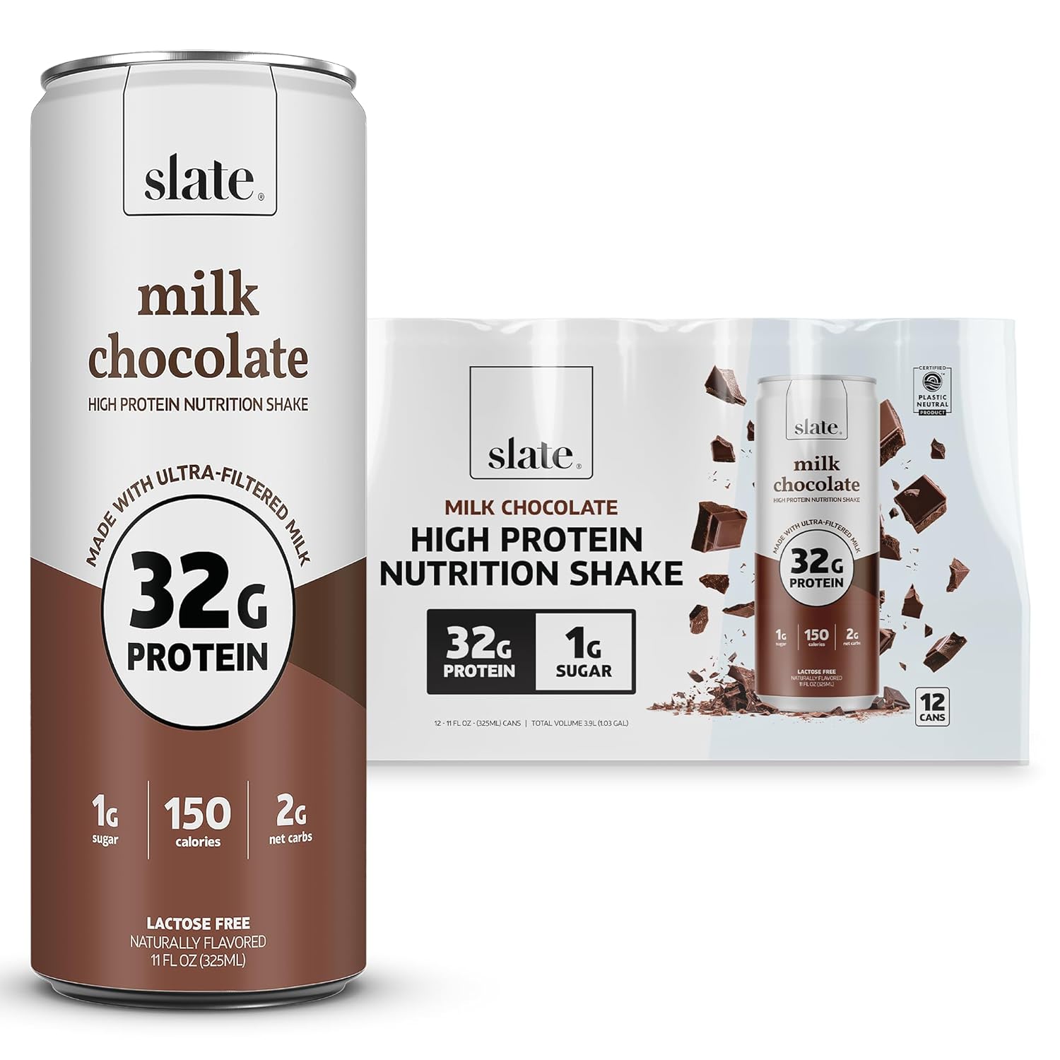 Slate Milk – High Protein Nutrition Shake – Milk Chocolate – 32g Protein, 1g Sugar, 150 Calories, 2g Net Carbs – Lactose Free – No Added Sugar – Breakfast Boost, Post Workout – 11 fl oz, 12 Cans