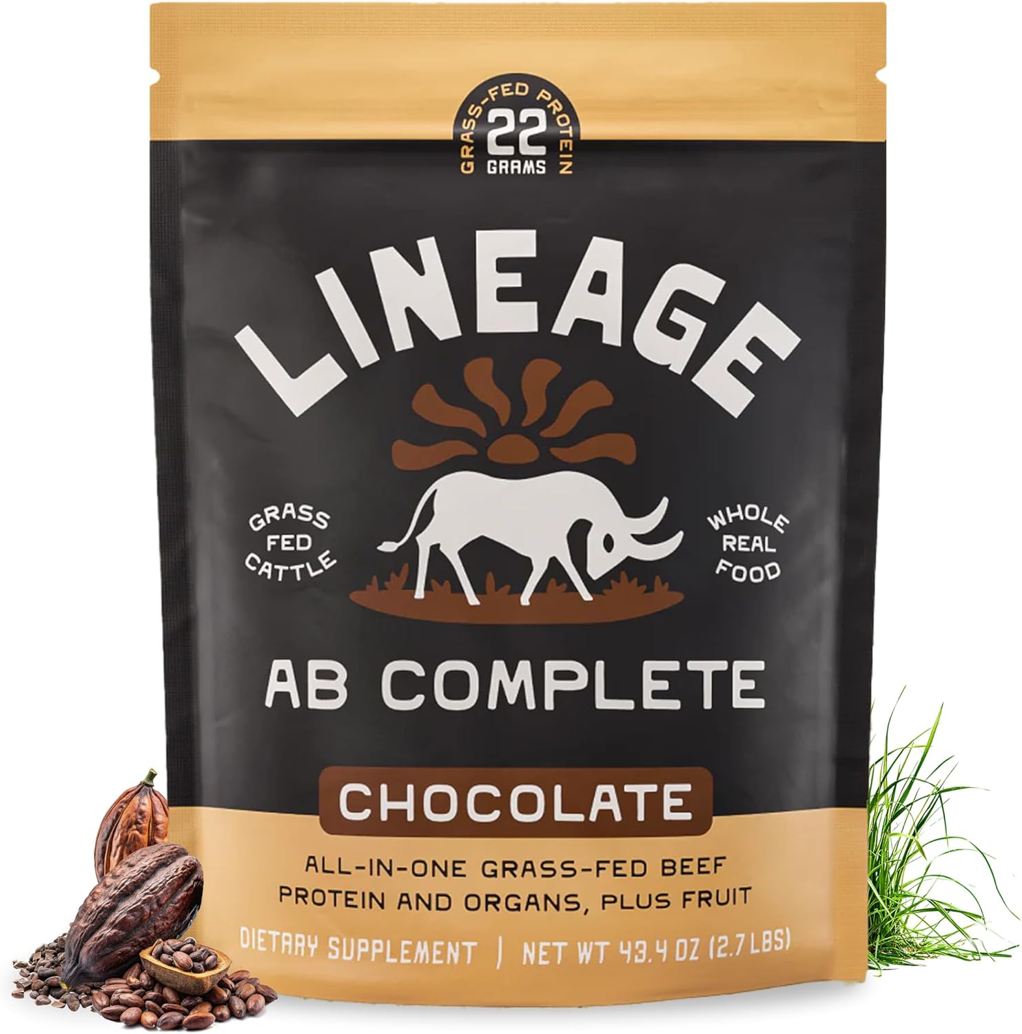 Grass Fed Beef Protein Powder – Chocolate – Nose to Tail Animal Protein Powder Including 100% Grass Fed and Finished Beef Organs, Colostrum, and Fruit – 2.7 lbs (30 Servings)