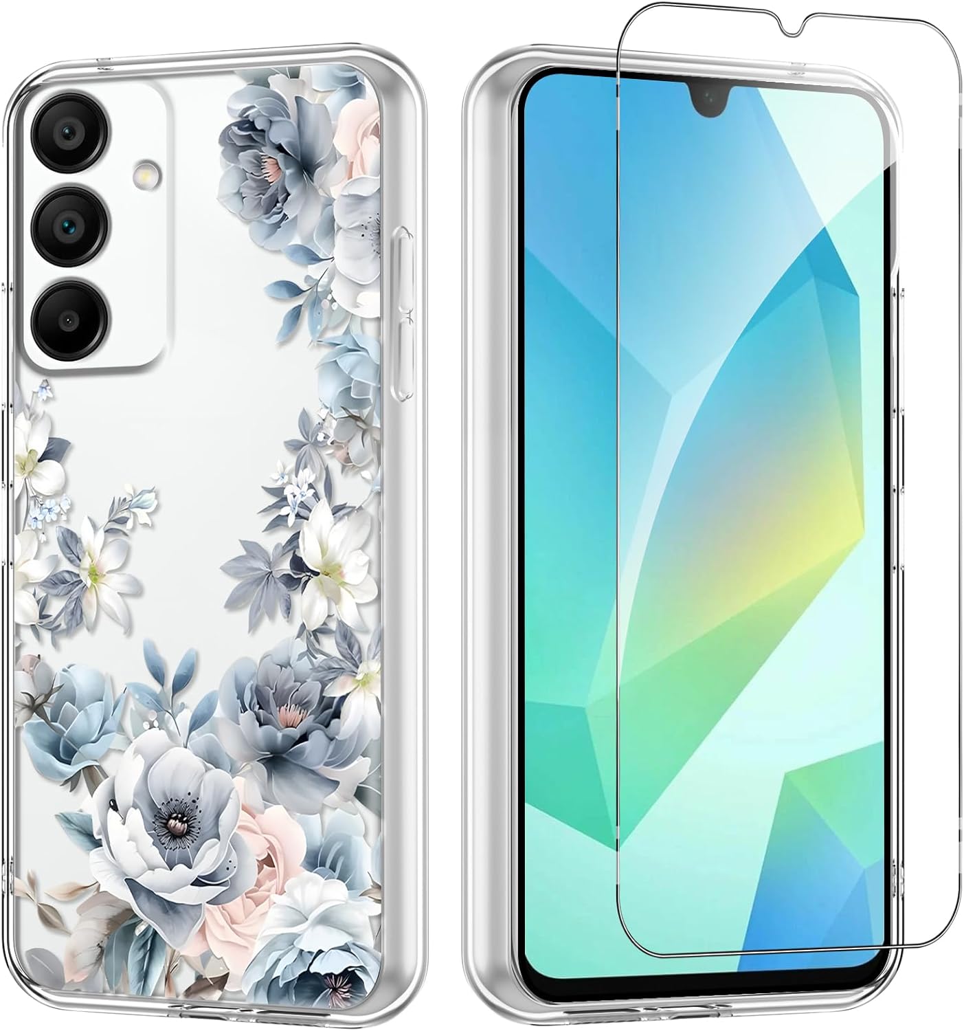 Flower Phone Case Floral for Samsung Galaxy A16 5G 6,7” with Screen Protector, Clear Transparent Phone Cover Slim Soft Shockproof Anti-Scratch Drop Protection Funda for Girls Women, 05