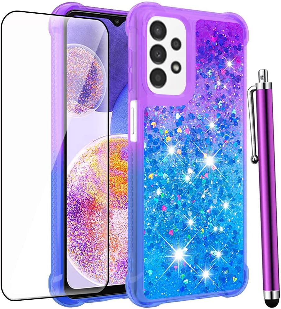 Case for Samsung Galaxy A23 5G with Screen Protector, Women Girls Cute Glitter Bling Liquid Sparkle Floating Phone Case, Soft TPU Shockproof Phone Cover for Samsung Galaxy A23 5G -Blue Purple