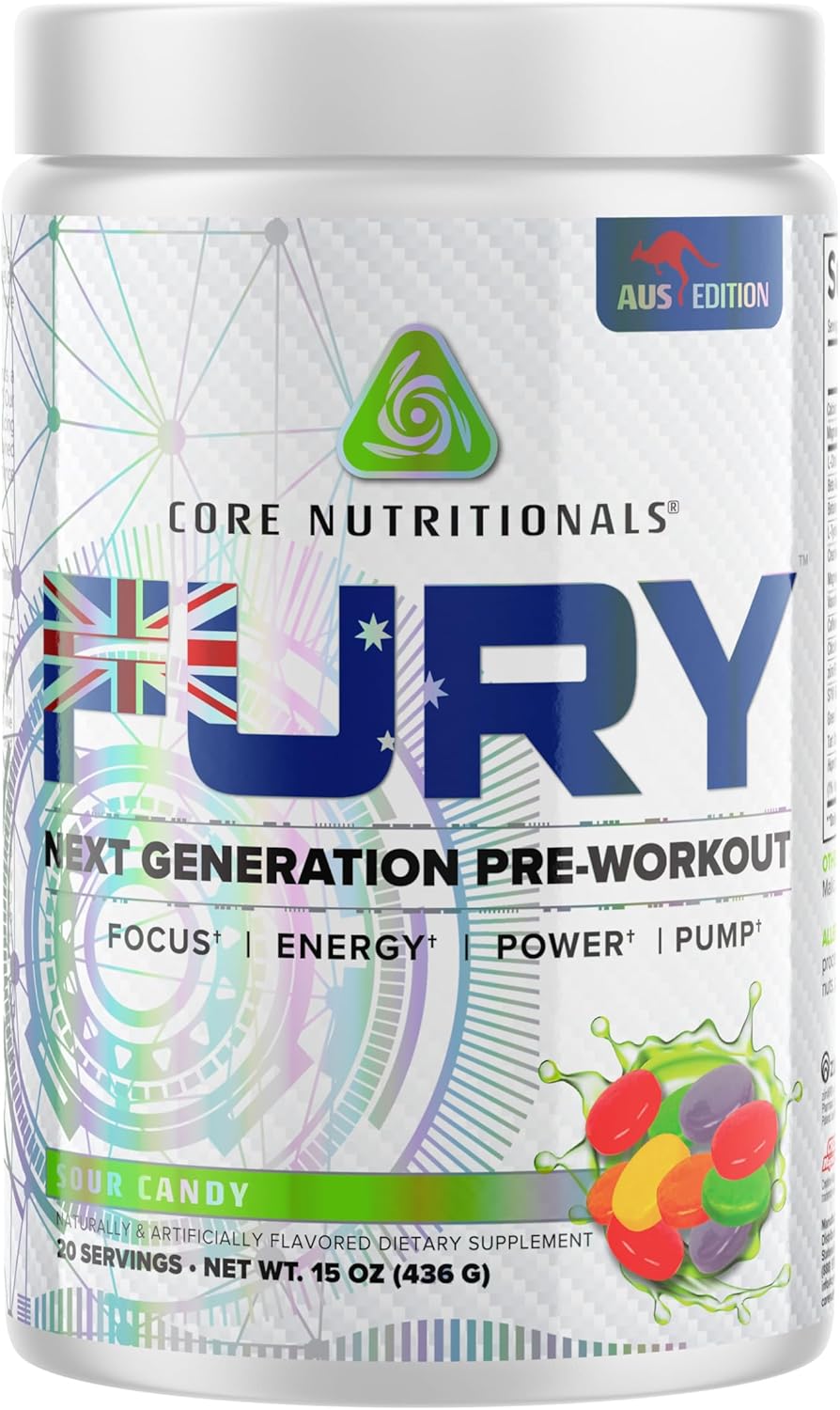 Core Nutritionals Fury Platinum Pre Workout Intensifier with 375mg Caffeine, 5G Creatine Monohydrate, 6G L-Citruline for Maximum Pump, Power, Focus and Energy, 20 Servings (Sour Candy)
