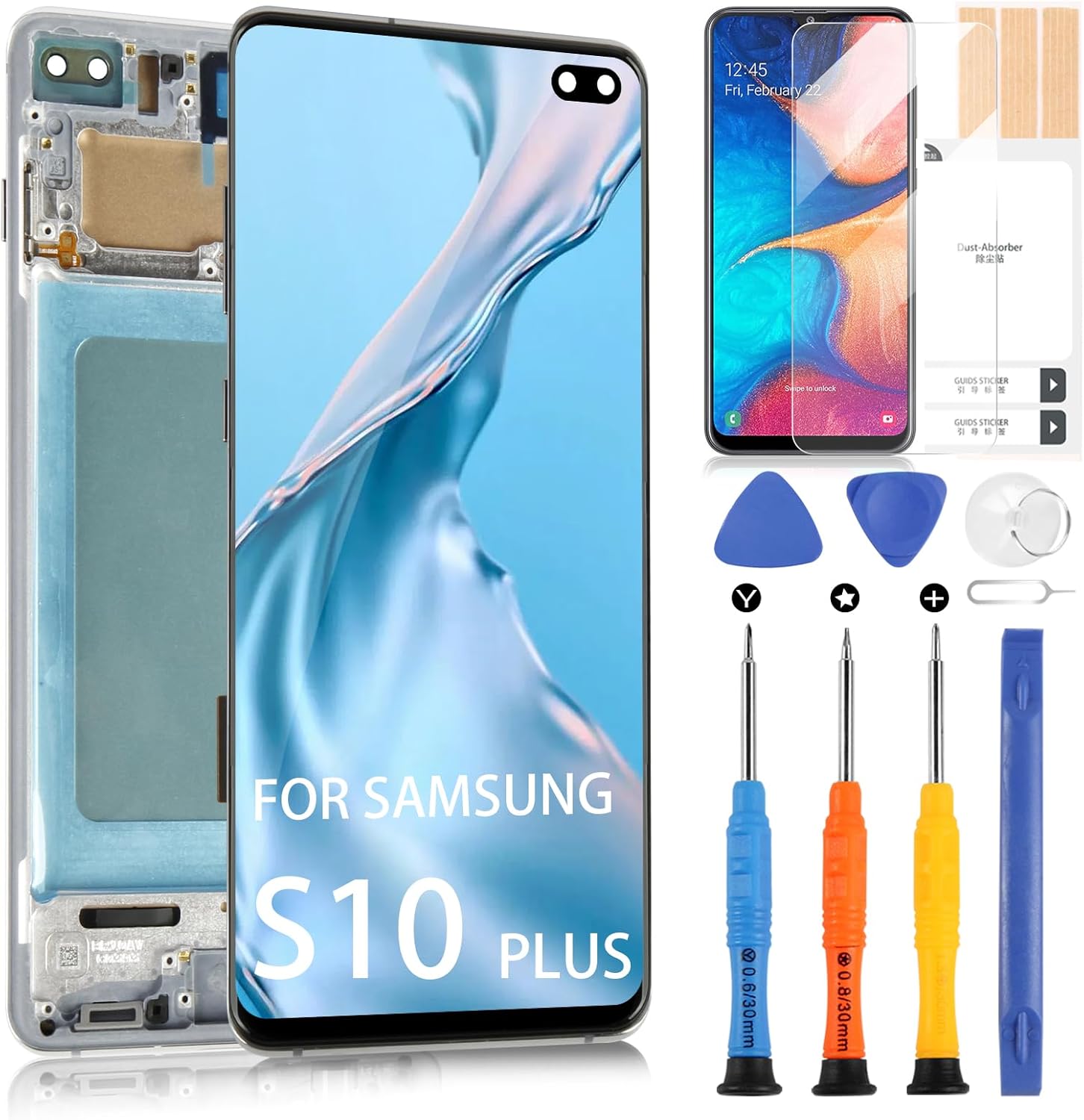 for Samsung Galaxy S 10 Plus Screen Replacement – for Galaxy S 10 Plus LCD Display Touch for Samsung S 10 +/ Plus G 975 F G 975 U G 975 W Panel Digitizer Setting Up with Tools (Silver with Framework)