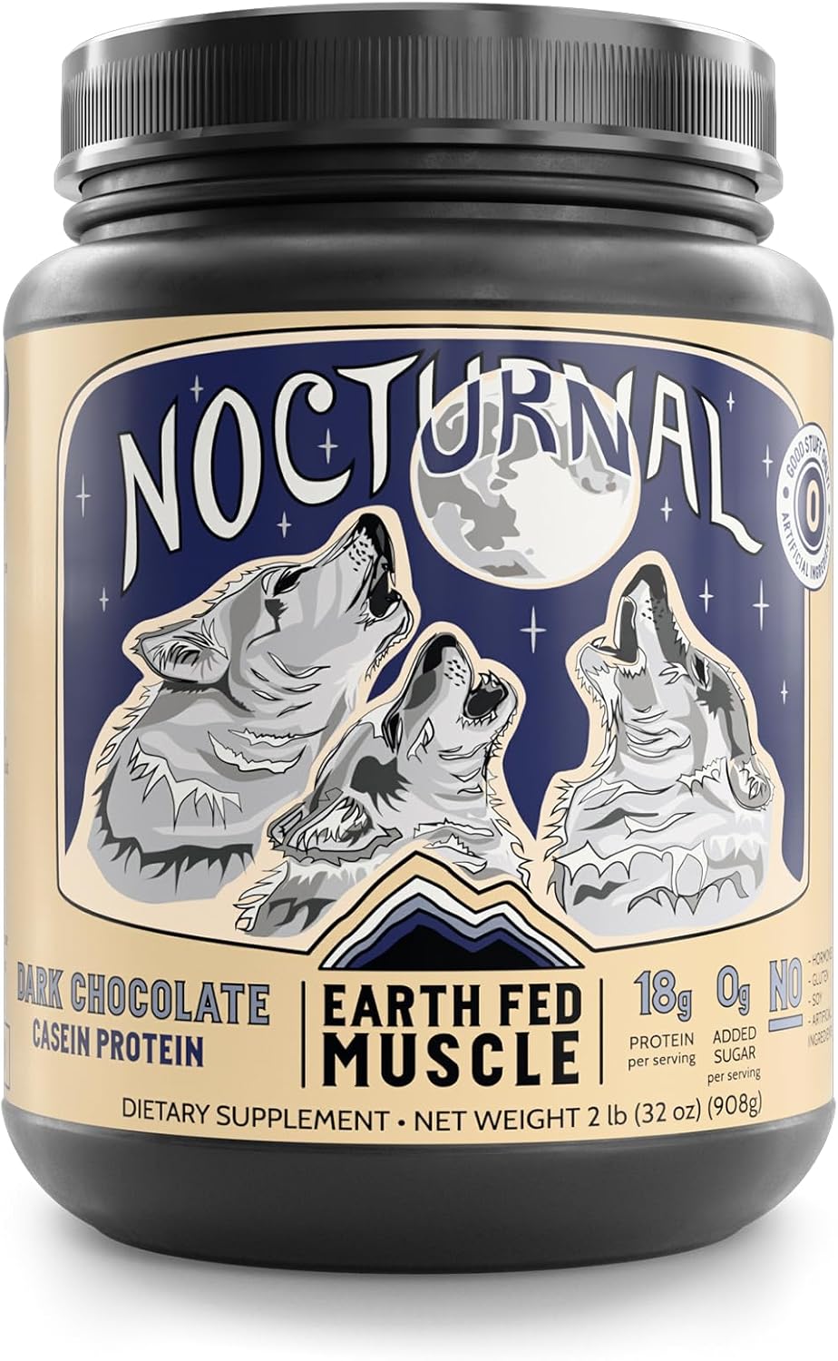 Earth Fed Muscle Nocturnal Casein Protein Powder – Dark Chocolate Protein Powder with Whey Blend – 18g Protein, Sugar Free, Gluten Free – Nighttime Recovery Protein Poweder – 2lb, 23 Servings