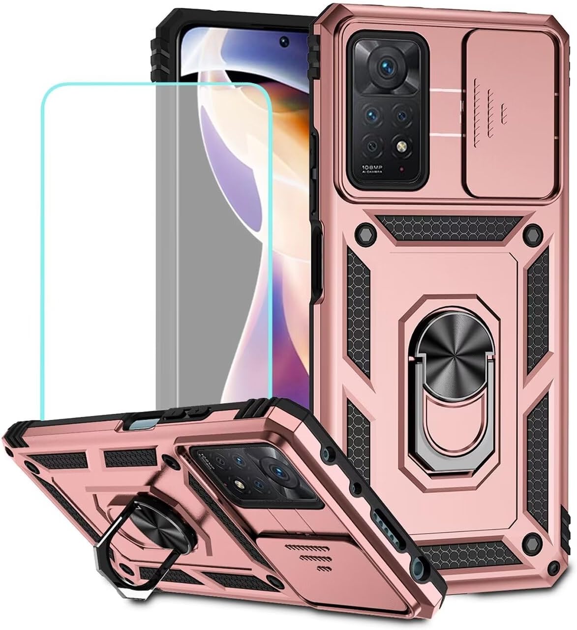 Instance for Redmi Keep In Mind 11 Pro+ 5 G/Note 11 Pro Plus 5 G with Safety Glass Screen Protector and Slide Camera Cover, 360 ° Revolve Ring Stand Magnetic Cover for Xiaomi Redmi Note 11 Pro+ 5 G Rose Gold