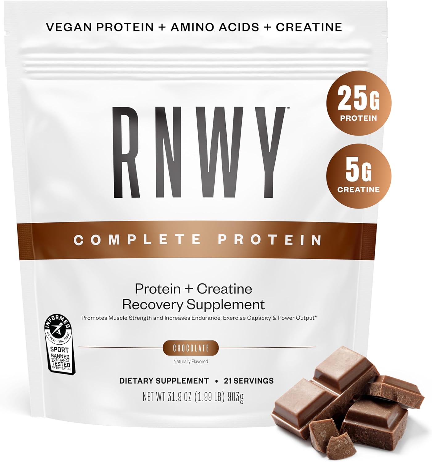 RNWY 25 g Delicious chocolate Protein + 5 g Creatine Powder, Vegan Plant-Based Healthy Protein with Digestive Enzymes to Build & Recover, 21 Servings