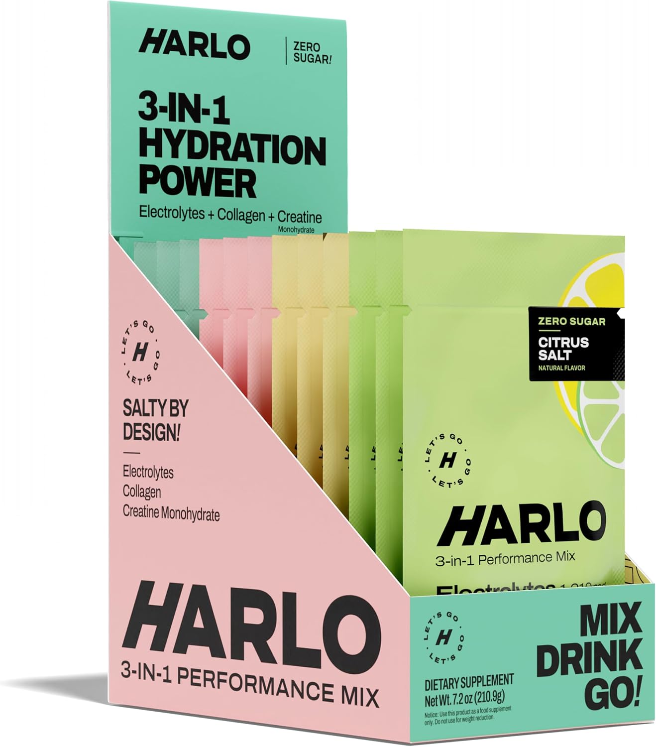 Harlo – Variety 12-Pack Electrolyte Mix with Added Bovine Collagen & Creatine – Creatine Monohydrate Powder, Energy Drink Powder, Sugar Free Energy Drinks – Citrus, Pineapple, Raspberry, Watermelon