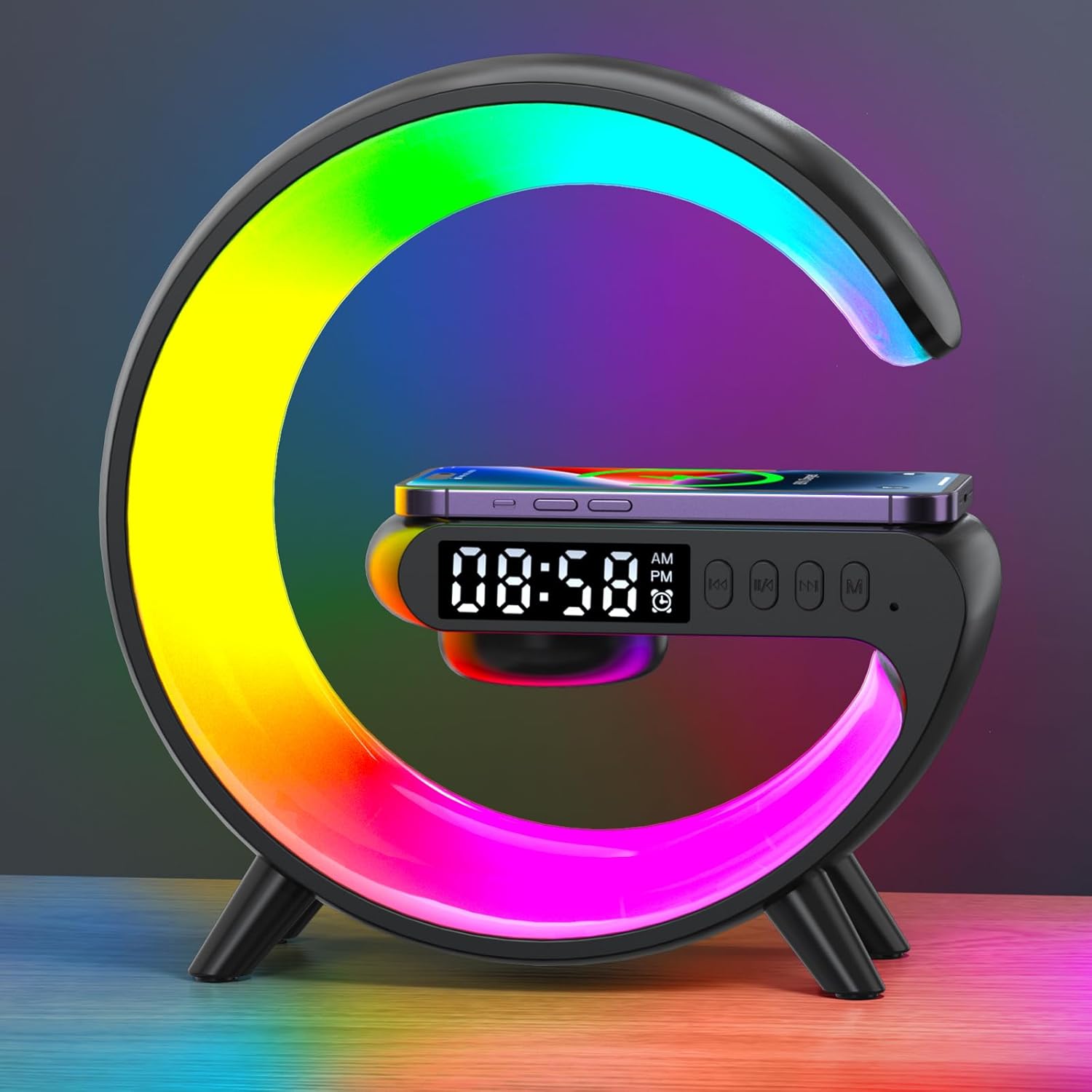 Mini Wireless Speaker with Environment Light, Wireless Charging, Alarm Clock and Bedside Lamp – Black