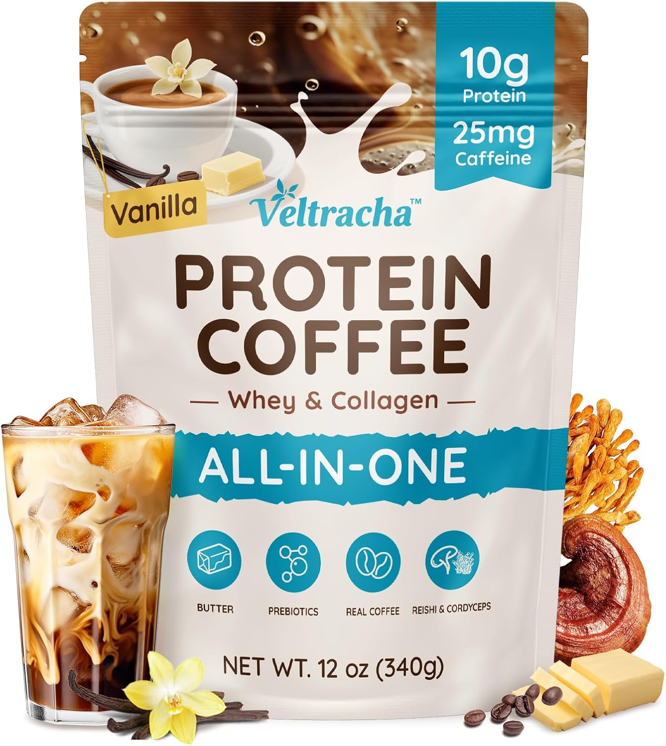 Whey Protein Coffee Powder, Adaptogens Mushroom Iced Coffee with Prebiotics & Butter, Natural Energy – No Artificial Additives & Sweeteners, Vanilla 20 Servings