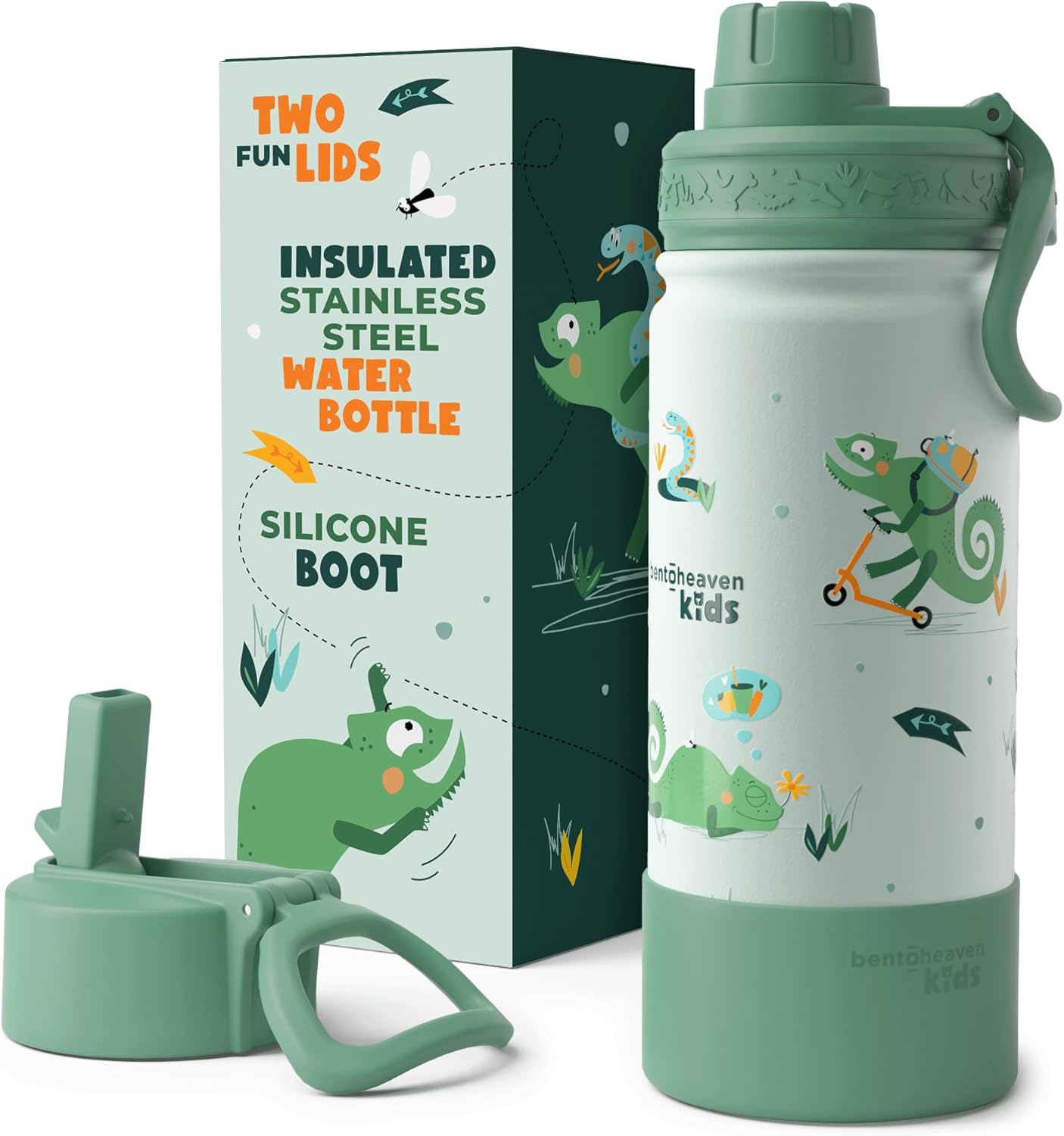 Bentoheaven Kids Canteen Stainless-steel for Boys & Girls, 2 Lids (Chug & Straw), Manage & Silicone Boot, Reusable Metal Leak-proof Shielded Tumbler, College & Sports 17 oz (Eco-friendly)
