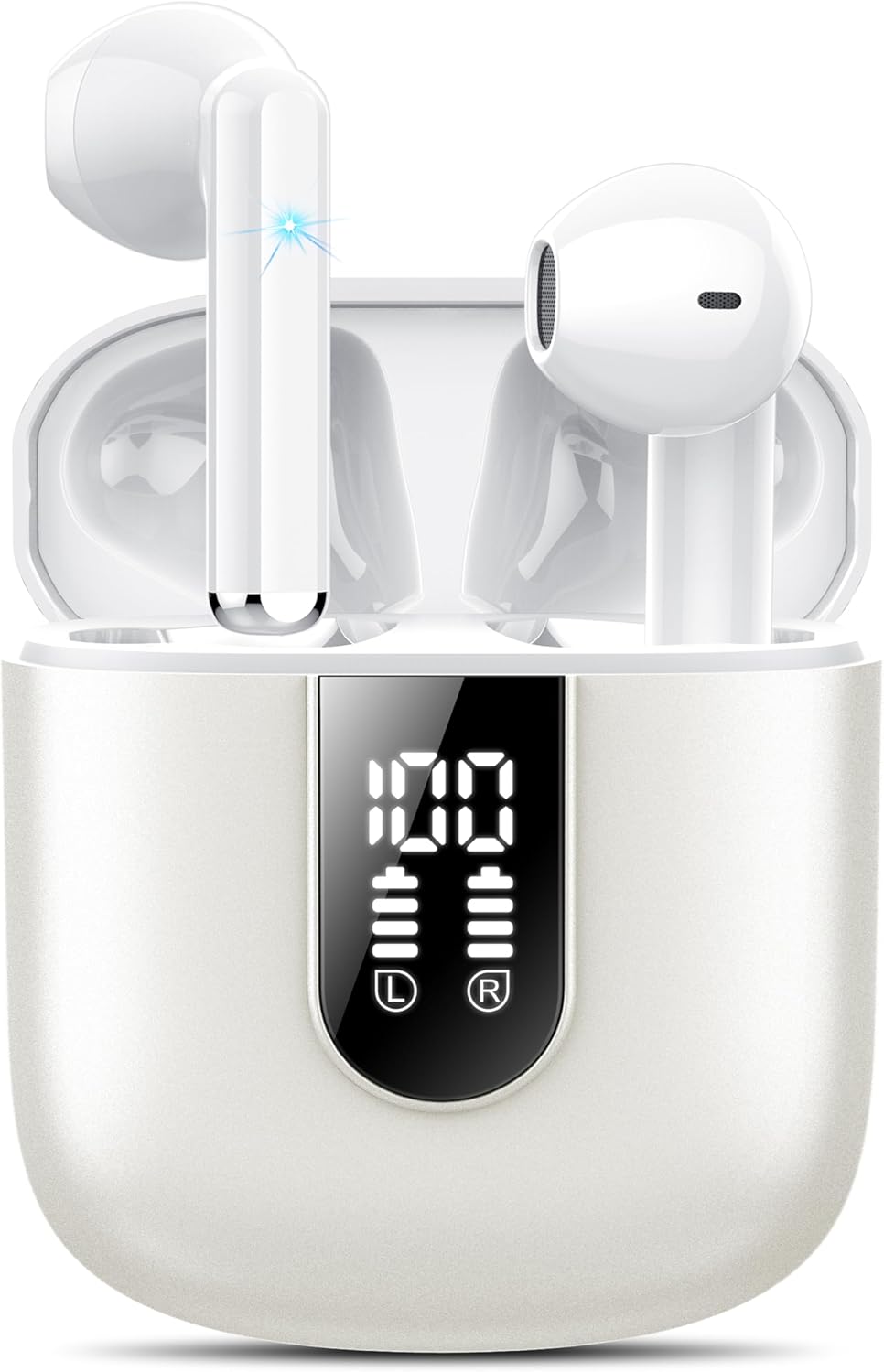 Wireless Earbuds 2024 Bluetooth 5 3 Headphones with HD Mic HiFi Stereo Sound, Wireless Earphones with Twin LED Show Touch Control, IPX 7 Waterproof 30 H Playtime Mini Ear Buds for iphone Android, White
