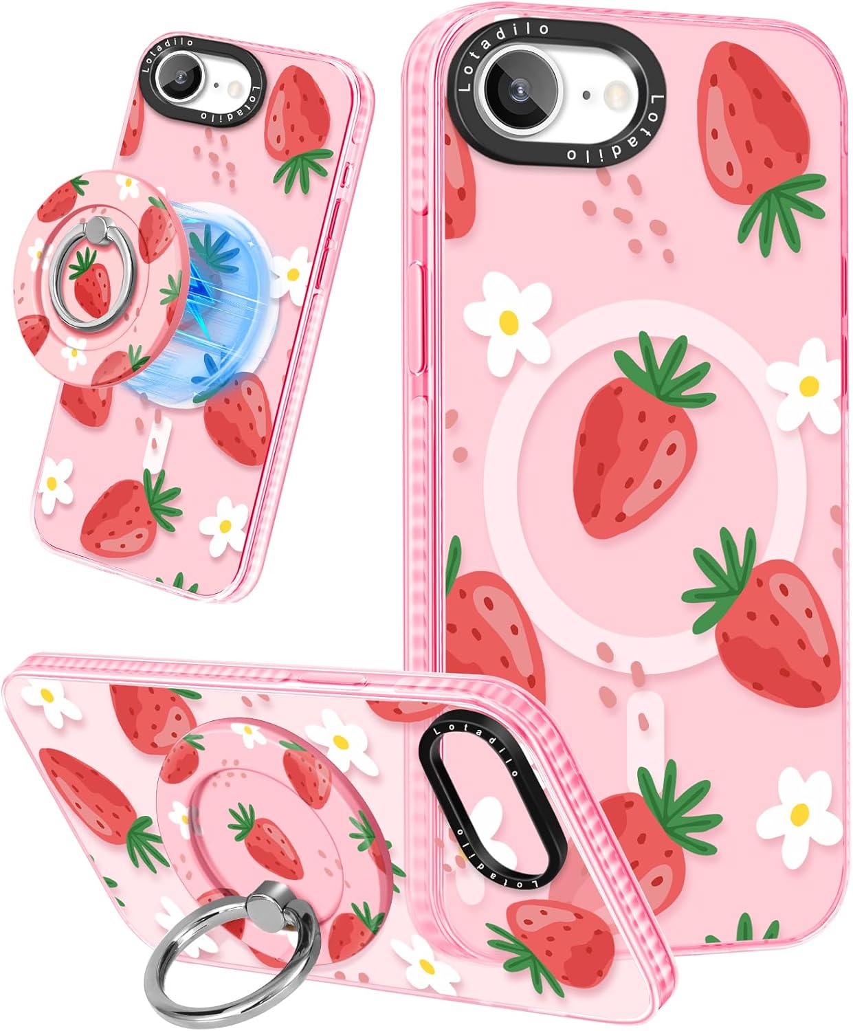 Cute Case for iPhone 16e for Women Girls – Funny Strawberry Flower Design Compatible with Magsafe Magnetic Ring Holder Kickstand Fashion TPU Phone Covers for iPhone 16e Phone Case