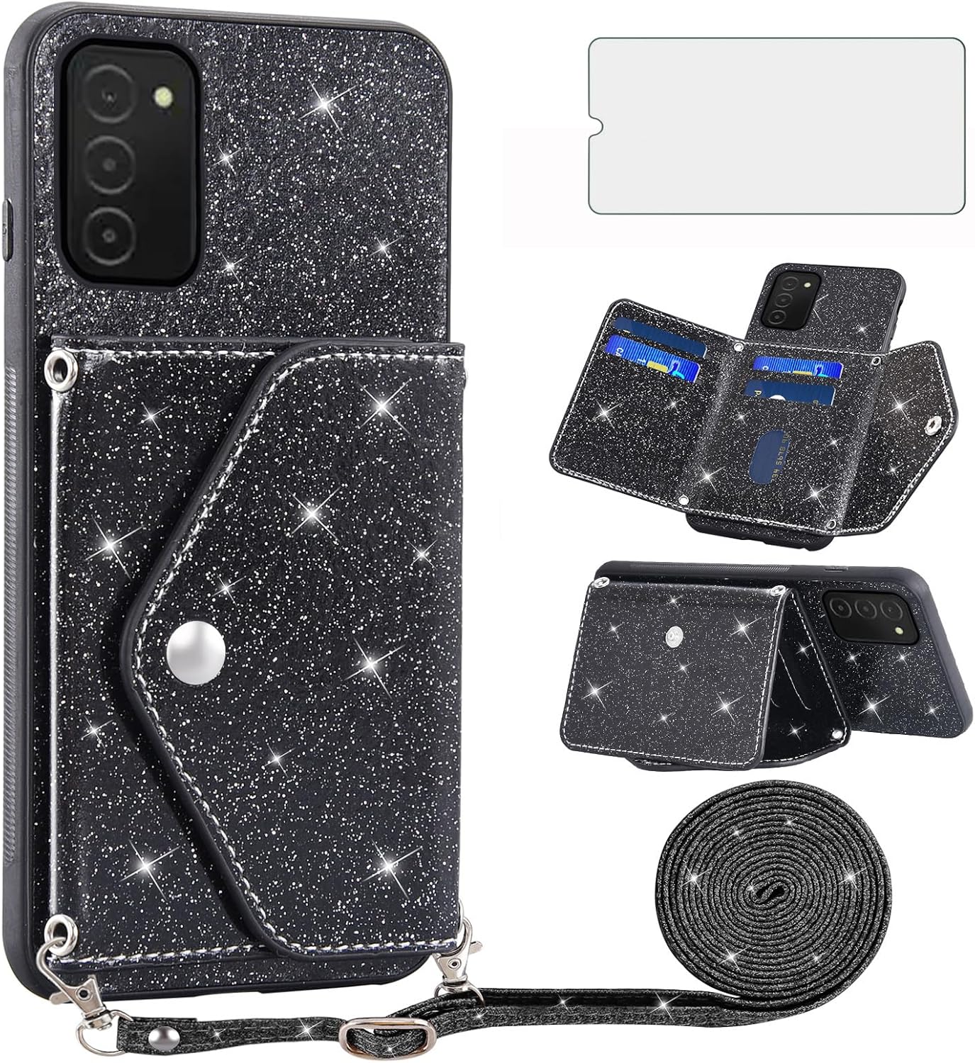 Asuwish Phone Case for Samsung Galaxy A03s US Version 5G 2022 Wallet Cover with Tempered Glass Screen Protector and Crossbody Strap Bling Glitter Card Holder Cell Ao3s A 03s SM-A037U SM A037U Black