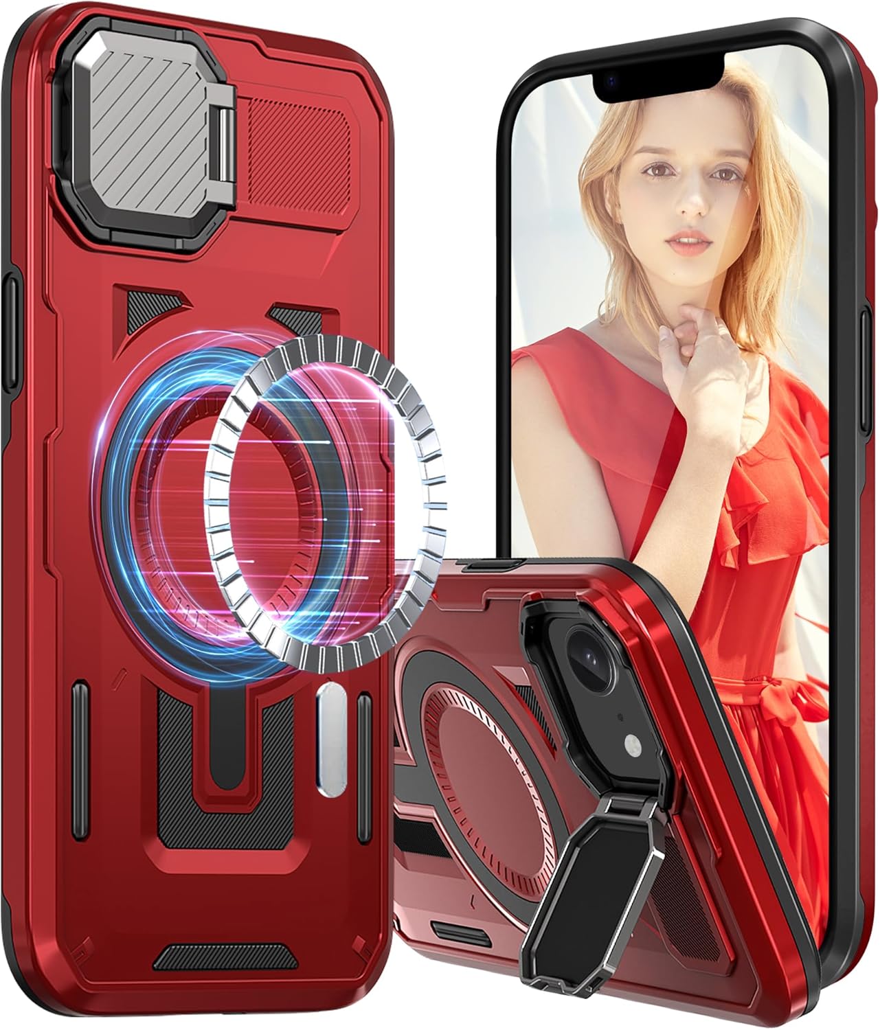 for iPhone 16e Case with Camera Cover Stand [Compatible with MagSafe] Heavy Duty Drop Shockproof Slim Protection Rugged Magnetic Phone Case Women Men for iPhone 16e 2025 6.1″,Red