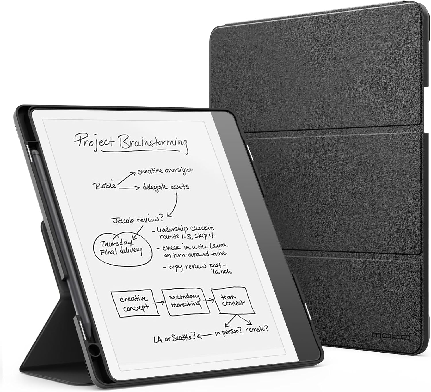 MoKo Stand Case for Kindle Scribe (2024/ 2022 Released) – Premium Natural Leather Trifold Stand Cover with Pen Holder, Auto Sleep/Wake for 10 2 Amazon Kindle Scribe 2024/ 2022, Black