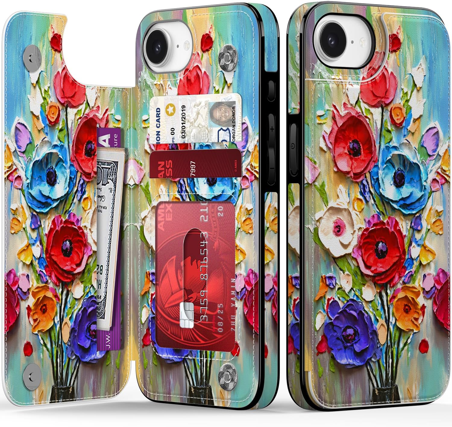 FUNMIKO for iPhone 16e Wallet Case with Card Holder, RFID-Blocking, Military-Grade Drop Protection & Floral Animal Design, Magnetic Closure with Leather Kickstand – Abstract Flowers