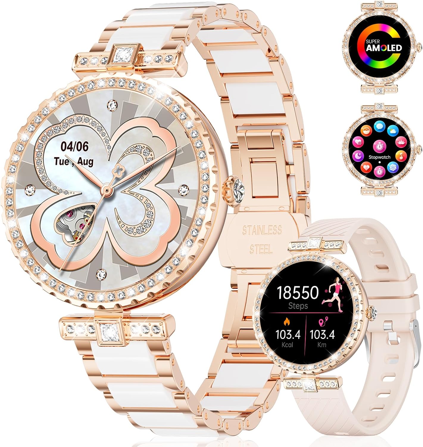 Smart Watches for Women, 1 19 AMOLED Smartwatch for Android iOS Phone, IP 68 Waterproof Physical Fitness Tracker Enjoy with Heart Rate Sleep Screen 100 + Sports Pedometer, Ceramic(Answer/Make Calls)