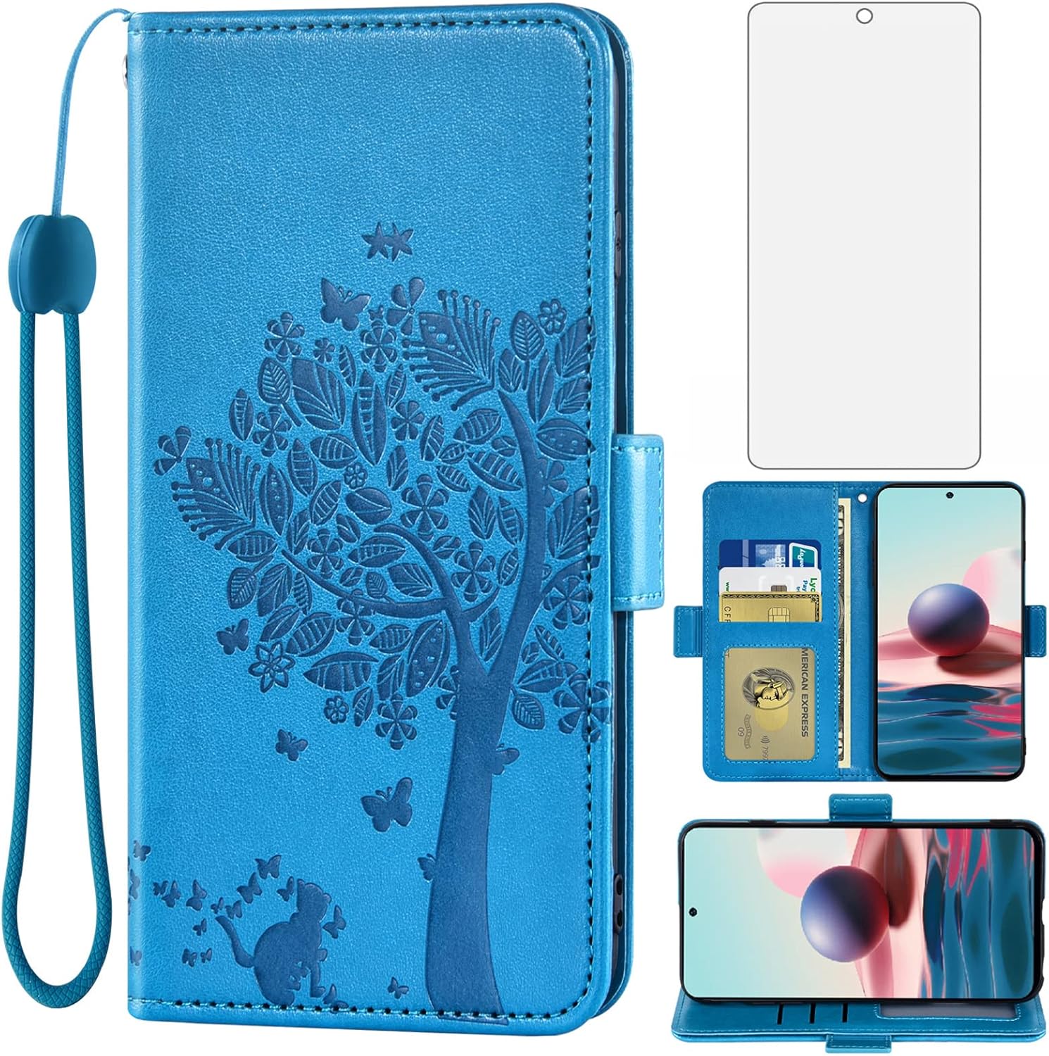 Asuwish Compatible with Xiaomi Redmi Note 10/10S 4G Wallet Case and Tempered Glass Screen Protector Flip Wrist Strap Credit Card Holder Stand Cell Phone Cover for Redme Note10 S Note10S Women Men Blue