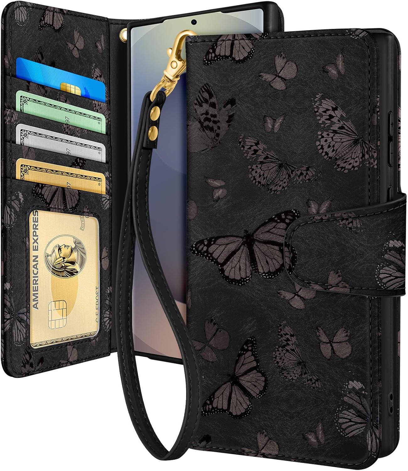 Toycamp for Samsung Galaxy S25 Ultra Wallet Case with Wrist Strap – Leather Flip Folio Phone Case with RFID Blocking 4 Card Slots Galaxy S25 Ultra Funda Cute Aesthetic for Women Lady, Black Butterfly