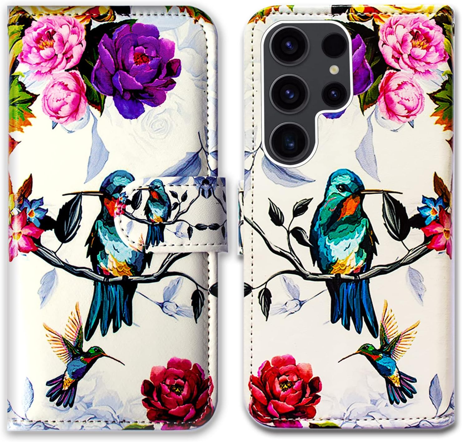 Case for Galaxy S23 Ultra, Hummingbird in Flowers Bird Leather Flip Phone Case Wallet Cover with Card Slot Holder Kickstand for Samsung Galaxy S23 Ultra