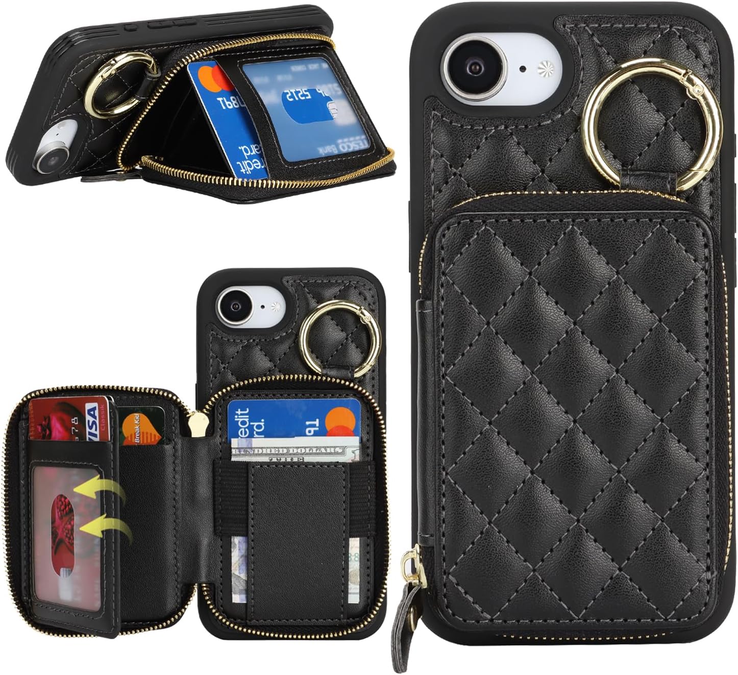 for iPhone 16e Case Wallet with Card Holder,for iPhone 16e Phone case Wallet with Zipper with Slot Kickstand Stand Case for Women and Man-Black