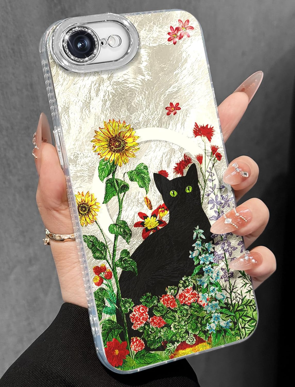 Toycamp for iPhone 16e Case – Compatible with Magsafe Aesthetic Cute Holographic 16e Phone Case with Diamond Bling Lens Protector for iPhone 16 e for Women Girls, Flower Cat